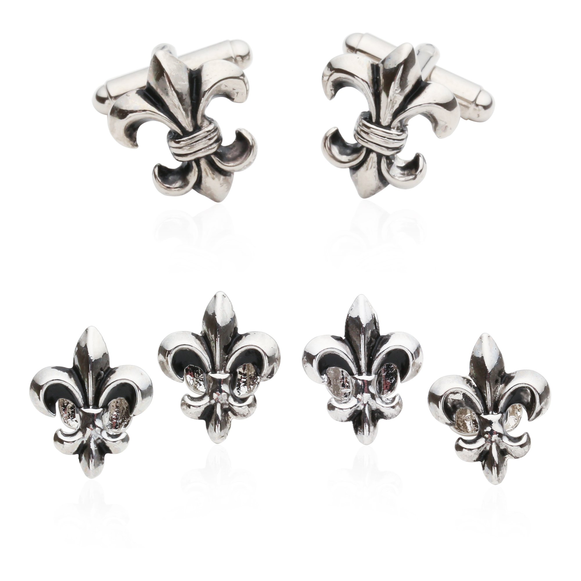 Fleur De Lis Cufflinks and Studs in Antique Silver Tone with Presentation Box