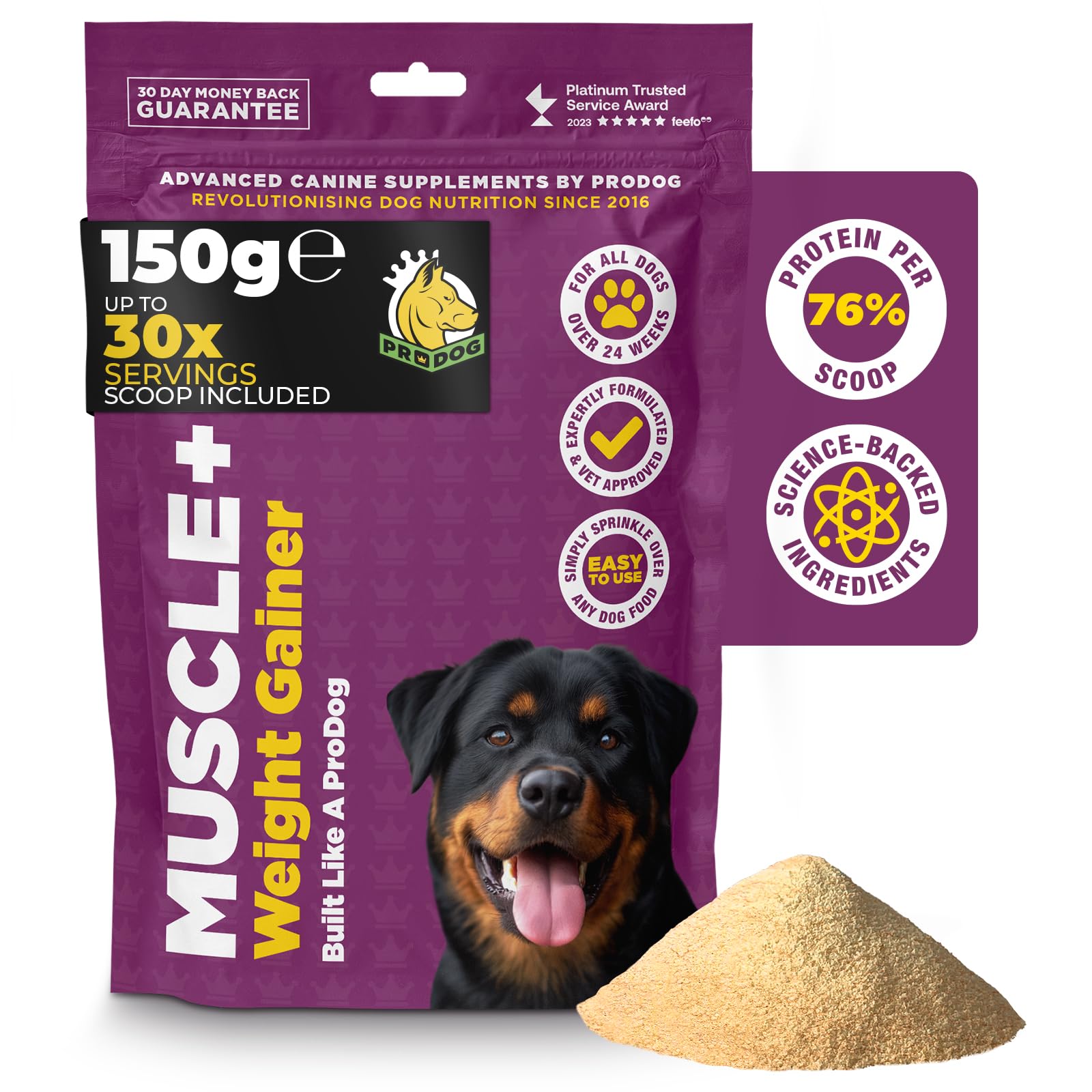 ProDogMuscle+ Dog Weight Gainer - Advanced Nutrition 76% Protein Per Scoop & Omega 3,6,9 - Supplement for Muscle Growth & Recovery, Underweight, Malnourished Dogs (30 Servings)