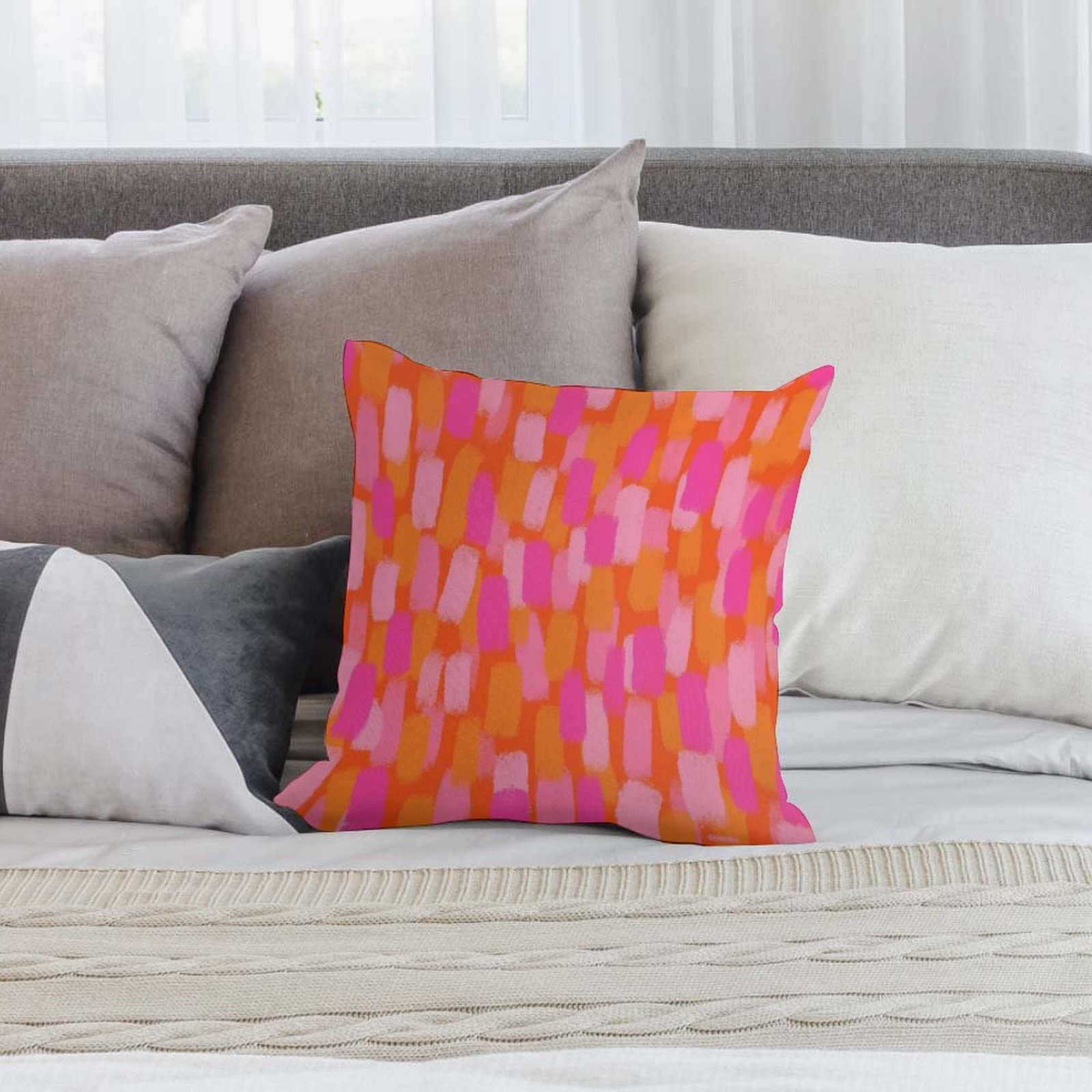 Abstract Retro 70s Pink Orange Paint Brush Throw Pillow Covers 18"X18" Cozy Aesthetic Throw Pillowcase Home Decorative Living Room Cushion Cover College Trendy Funky Dormitory for Bed Couch Sofa 4