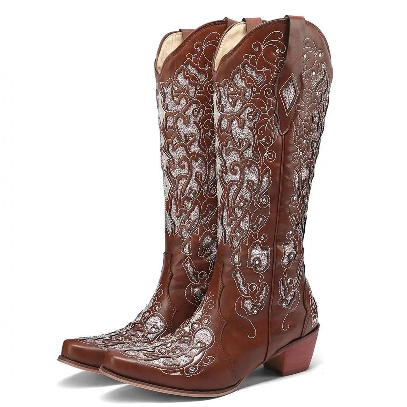 Lmtossey Bling Crystals Retro Western Cowboy stivali alti al ginocchio per donna cucito floreale Cowgirl scarpe