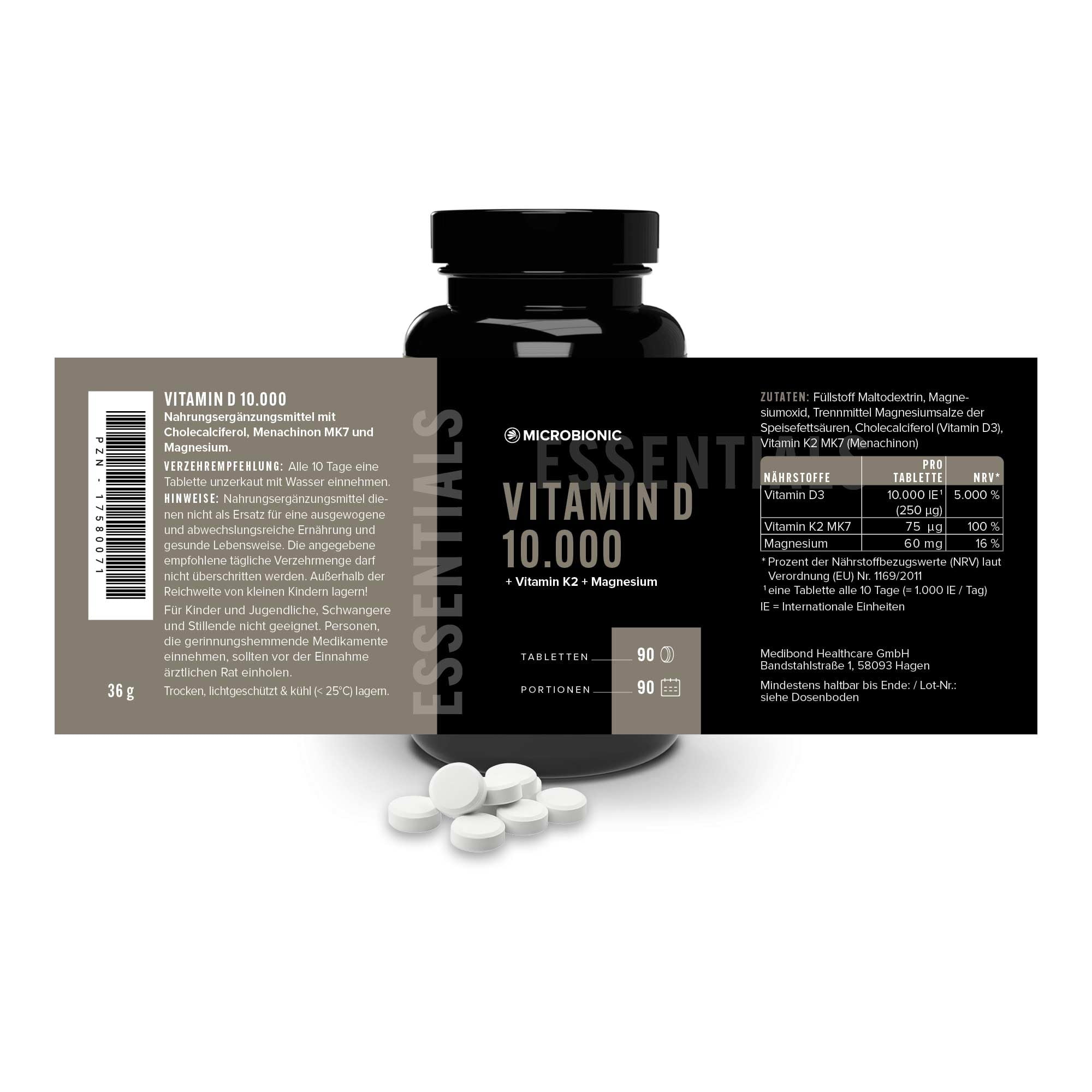 Vitamin D3 10.000 I.E. + K2 + Magnesium 3er Set by MICROBIONIC | 90 Tabletten - alle 10 Tage 1 Tablette | D3 hochdosiert & laborgeprüft