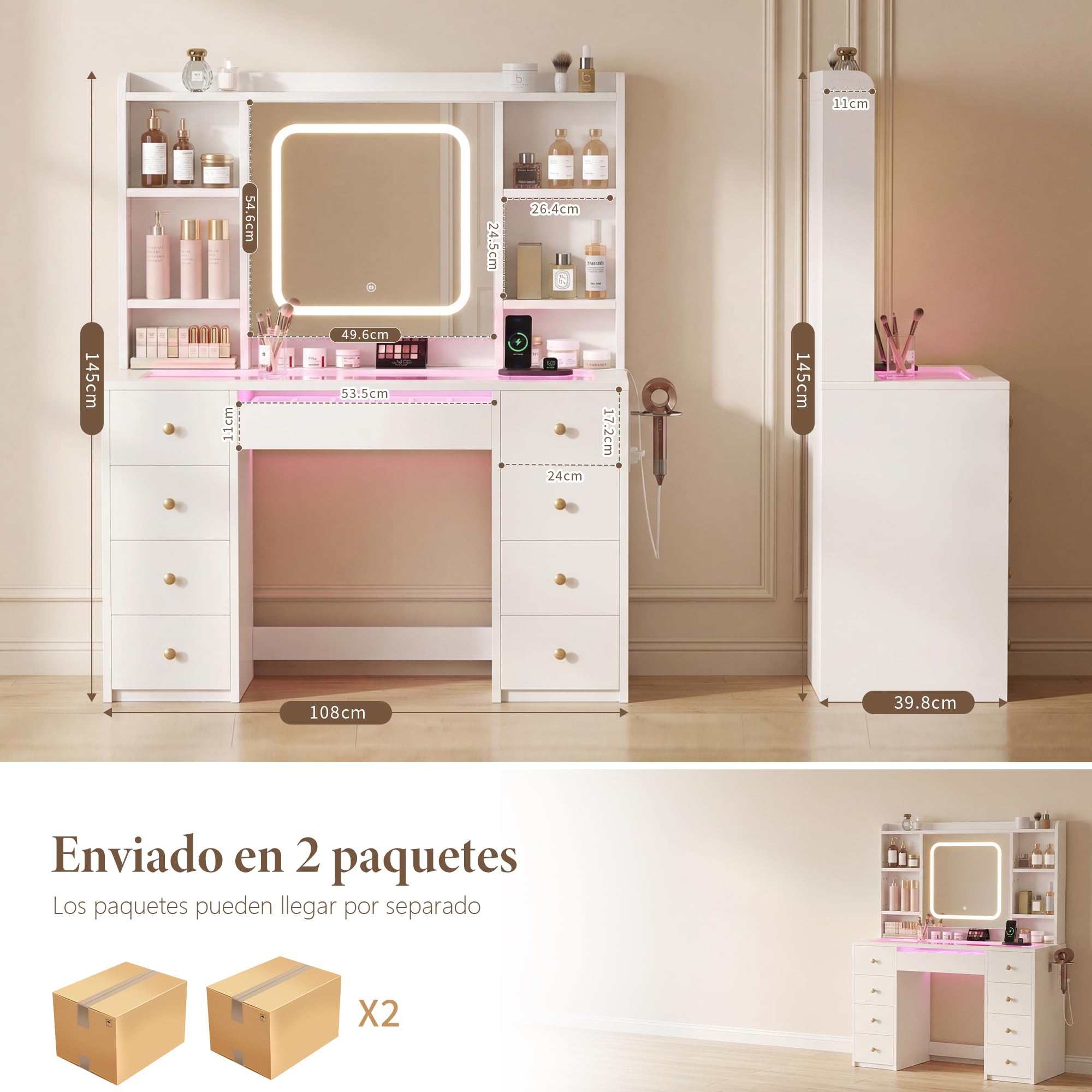Heybly Tocador de Maquillaje con Espejo LED y Luz, Tocador Grande con Cajones y Cristal, Luces RGB, Enchufes y Puertos USB, Tocador Moderno Blanco para Dormitorio BDT001WT