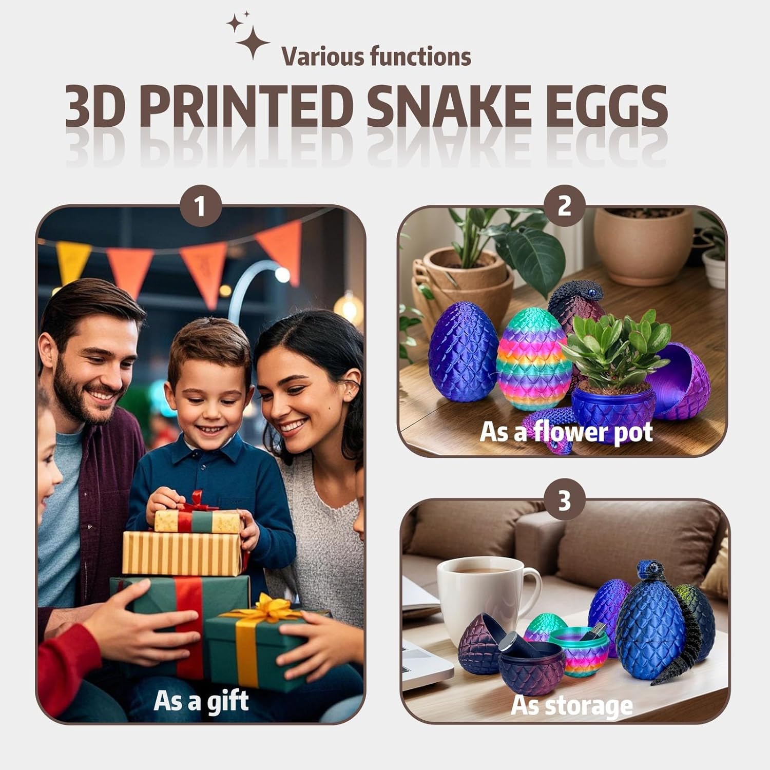 5PCS 3D Printed Snake with Egg - Prefilled Easter Eggs Basket Stuffers, Snake Egg with Snake, 3D Printed Animals Toy, Cute Desk Decor, Home Office Decor for Kids (Multicolor7-5PCS)