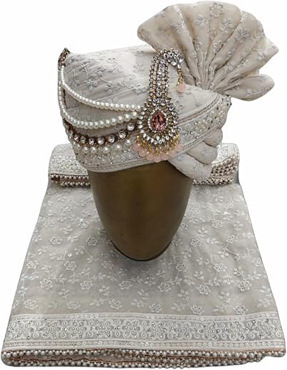 CHARKHI Men’s Wedding Safa with Dupatta | Ethnic Turban/Pagri for Groom | Royal Maharaja Pagdi with Sherwani Stole for Wed...