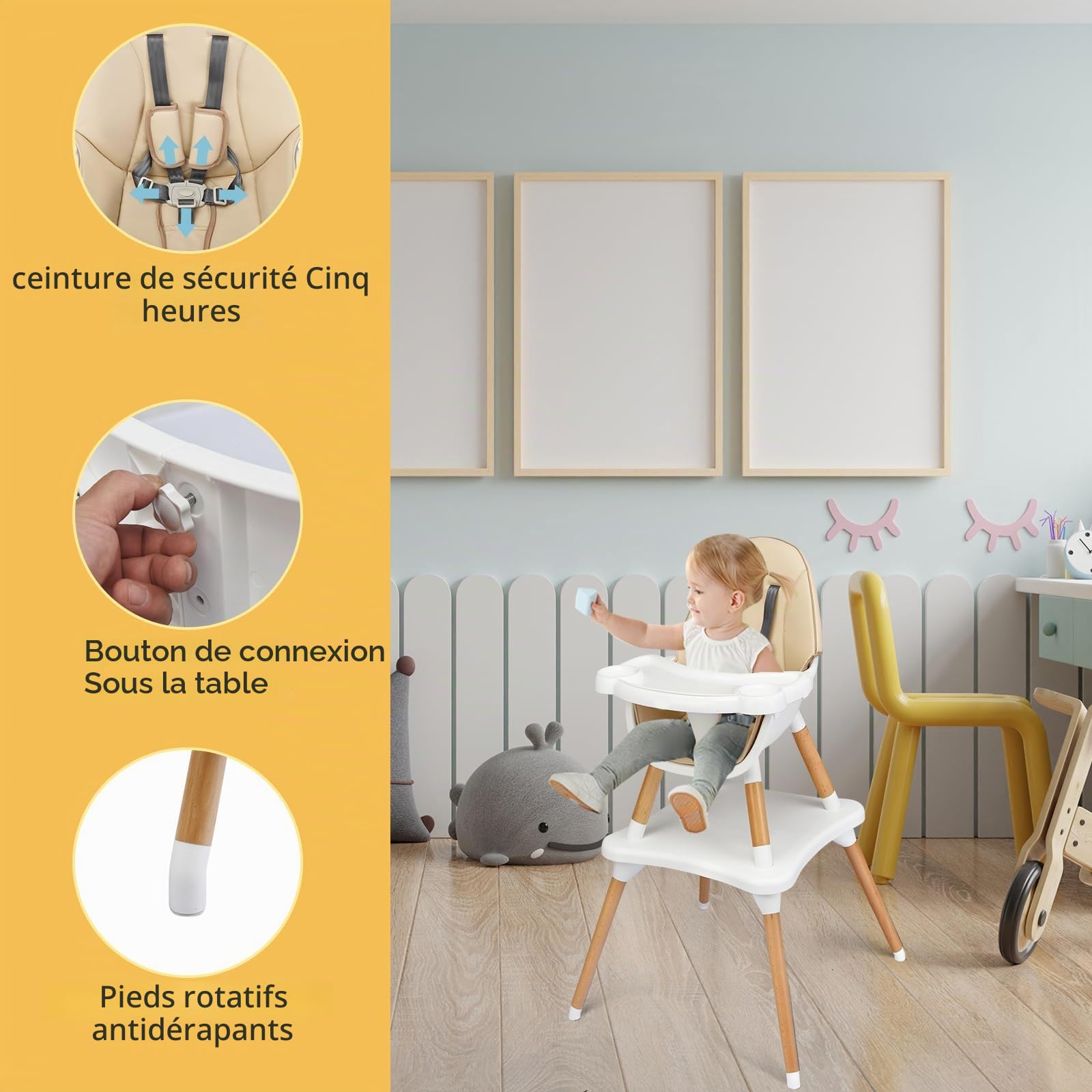 LIFEZEAL 6 en 1 Chaise Haute pour Bébé 6-36 Mois, Chaise de Repas avec Coussin d'Assise Amovible, Harnais à 5 Points, Plateau Amovible, Planche à Blocs, Charge de 15 kg (Kaki| Sans panneau de bloc)