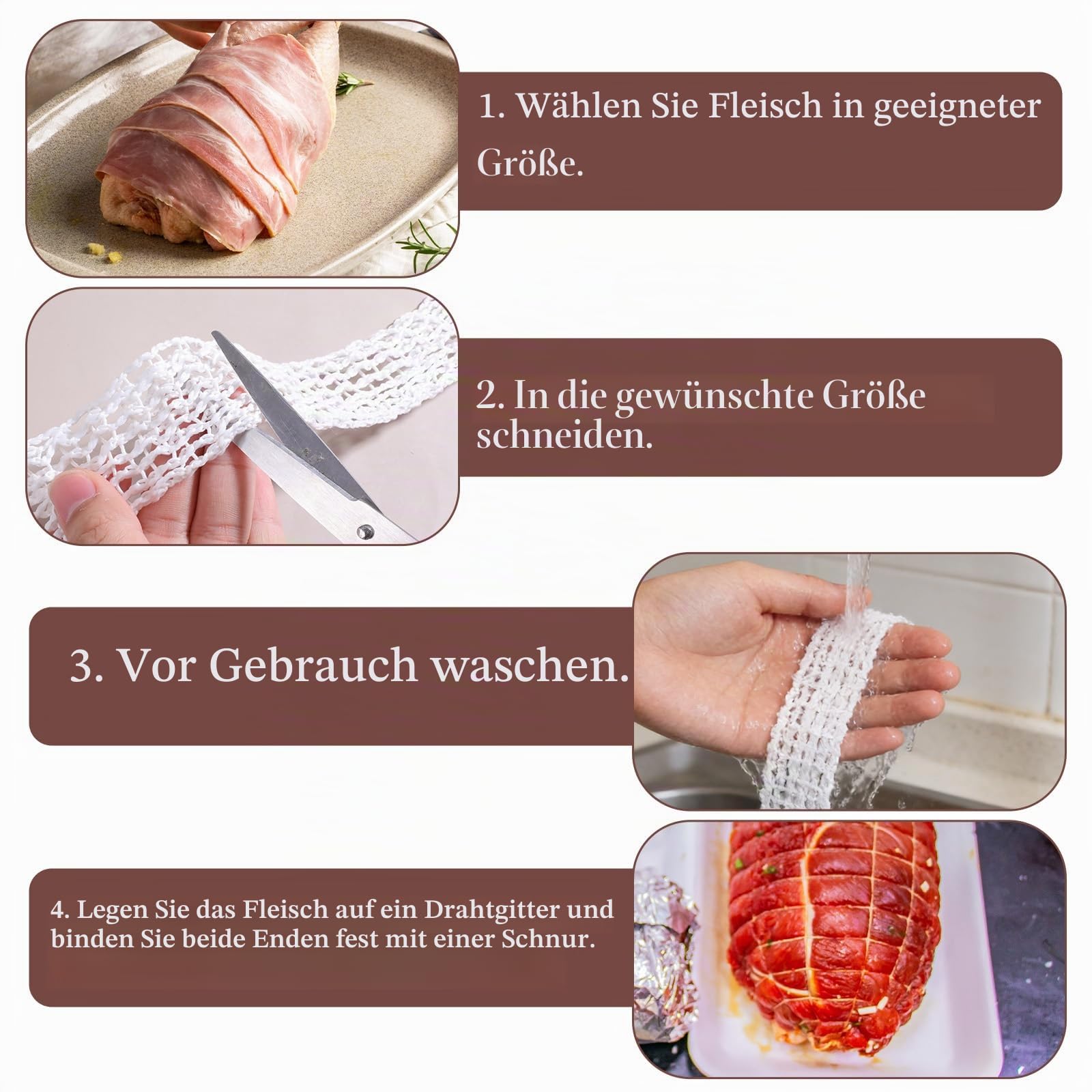 JJUNW Rollbratennetz, Schinkennetz zum Räuchern 16 Löcher Fleischnetz Elastisches 118zoll Rouladennetz Bratennetz Kaliber zum Aufbewahren Aufhängen Backen Kochen Schinken Fleischwurst