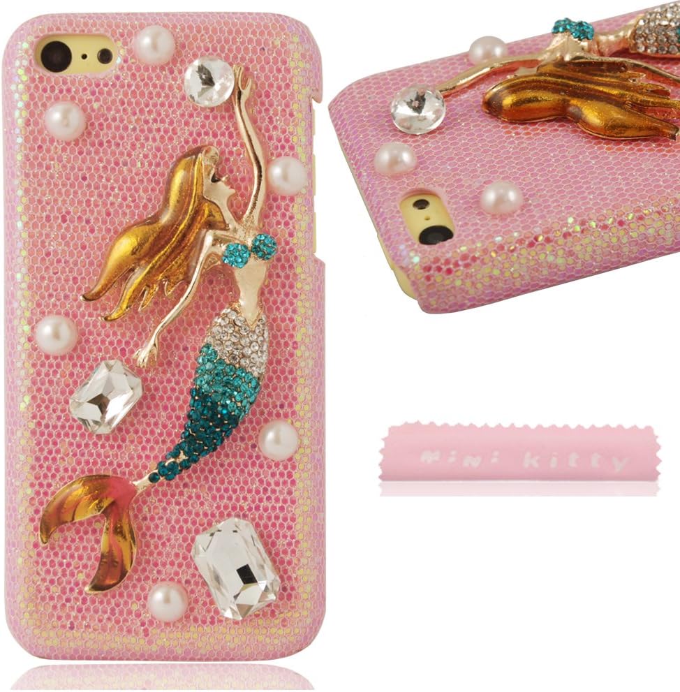Mini kitty- Handmade 3D luxury romantic bling diamond crystal pink Little princess Mermaid hard Case Cover For apple iphone 5c + free microfiber cloth as a women party good gift Xmas merry christmas happy Valentine's Day Lovers Easter best unique creative cool gift