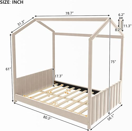 Miniatura 81 de MERITLINE Cama individual para niños, cama individual de madera para niños, cama Montessori con techo y ventana, cama de piso para niños pequeños,