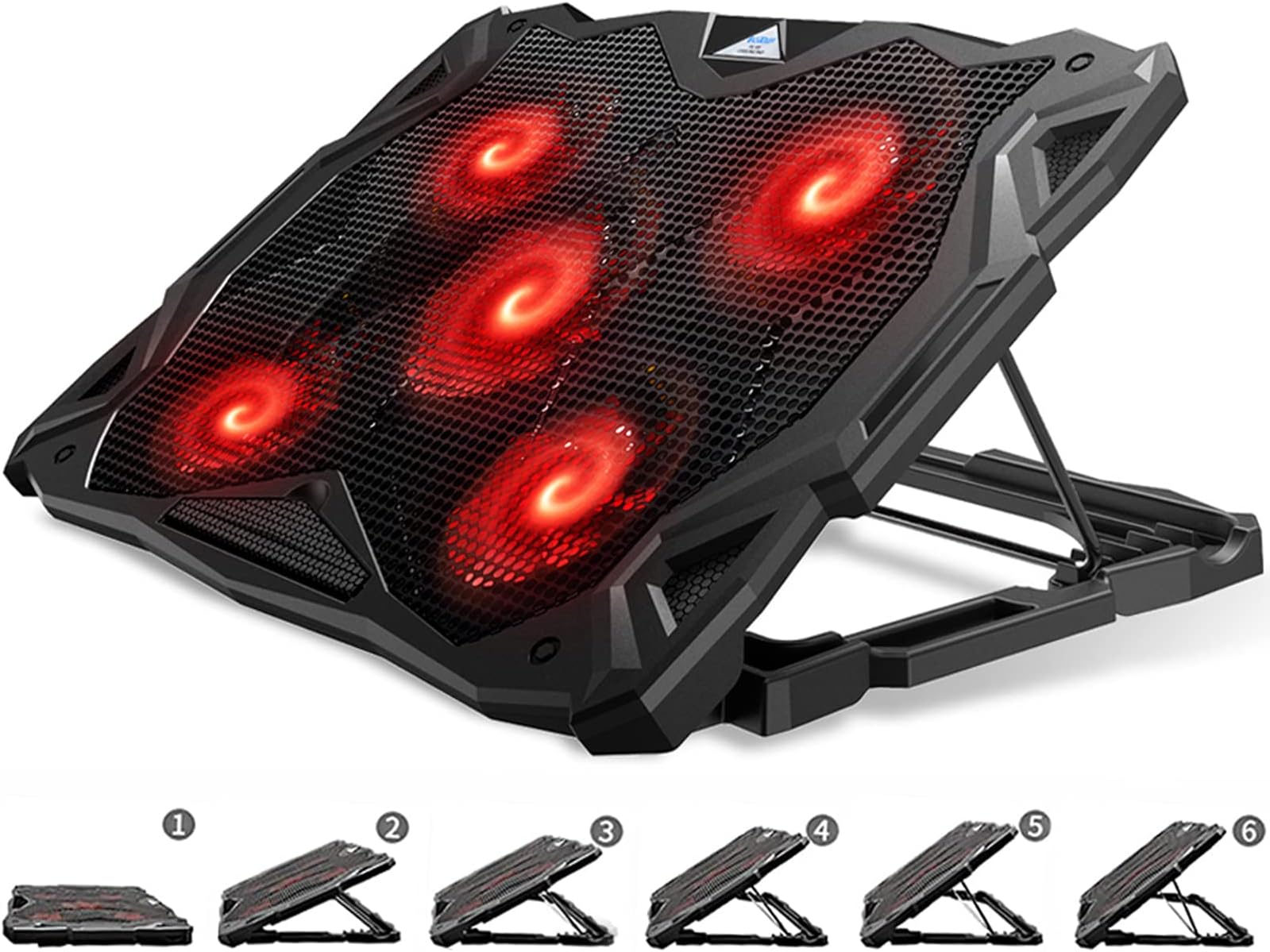 Pccooler Laptop Cooling Pad, Laptop Cooler with 5 Quiet Red LED Fans for 12-17.3 Inch Laptop, Dual USB 2.0 Ports, Portable 6 Angle Adjustable Laptop Stand for Gaming Laptop