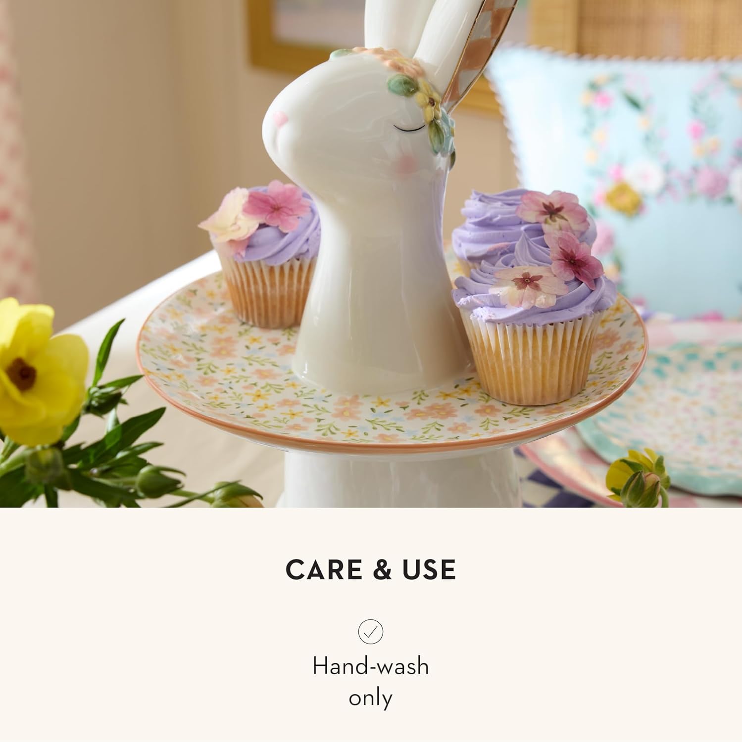 MACKENZIE-CHILDS Ceramic Sweet Stand, Serving Tray for Dessert, Posie Patch Rabbit