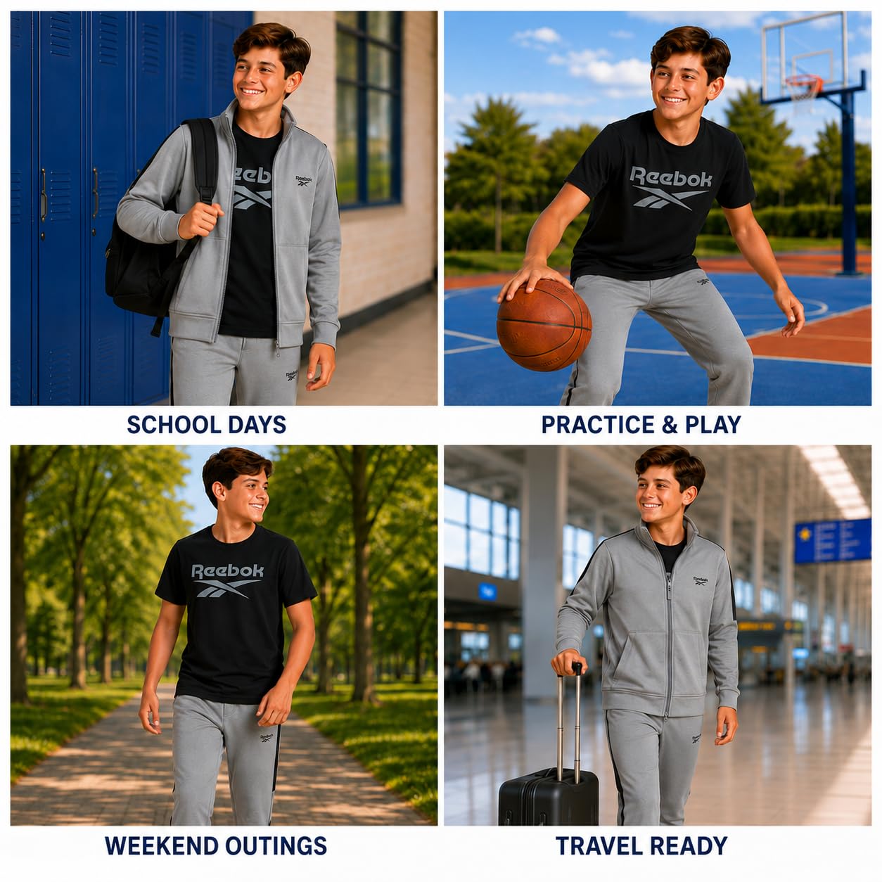 Reebok Jogger-Set für Jungen, 3-teilig, athletischer Trainingsanzug mit Trikot-Reißverschluss, Jacke, T-Shirt und Jogginghose für Jungen