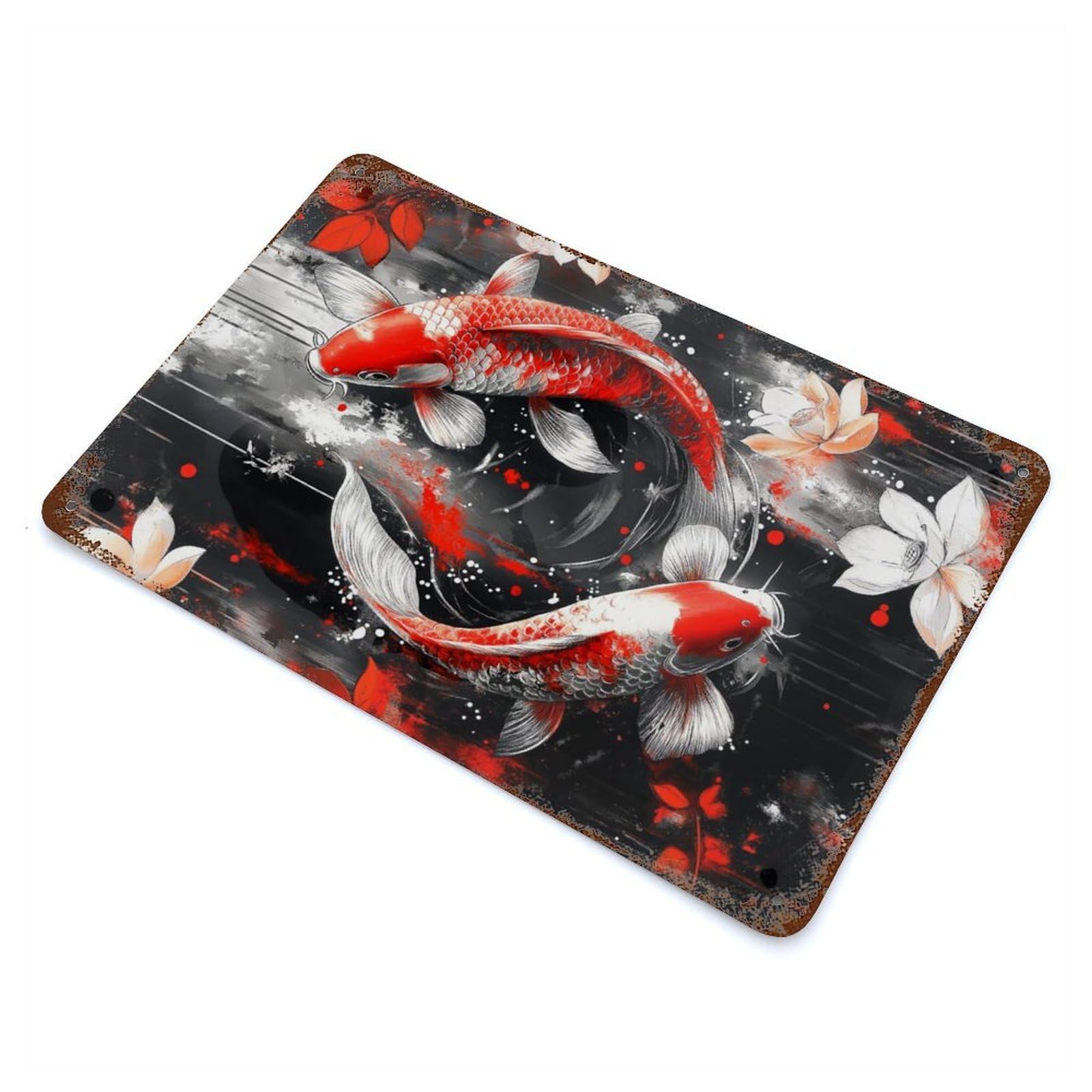Koi Fish Watercolor Balance Rustic Tin Plaque 11.8"x7.9", for Shed, Workshop And Garage Wall Decor, Shabby Chic Decor