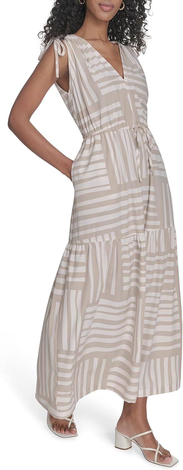 Calvin Klein Womens Sleeveless Tie Shoulder V-Neck Tiered Maxi Dress - Image 3
