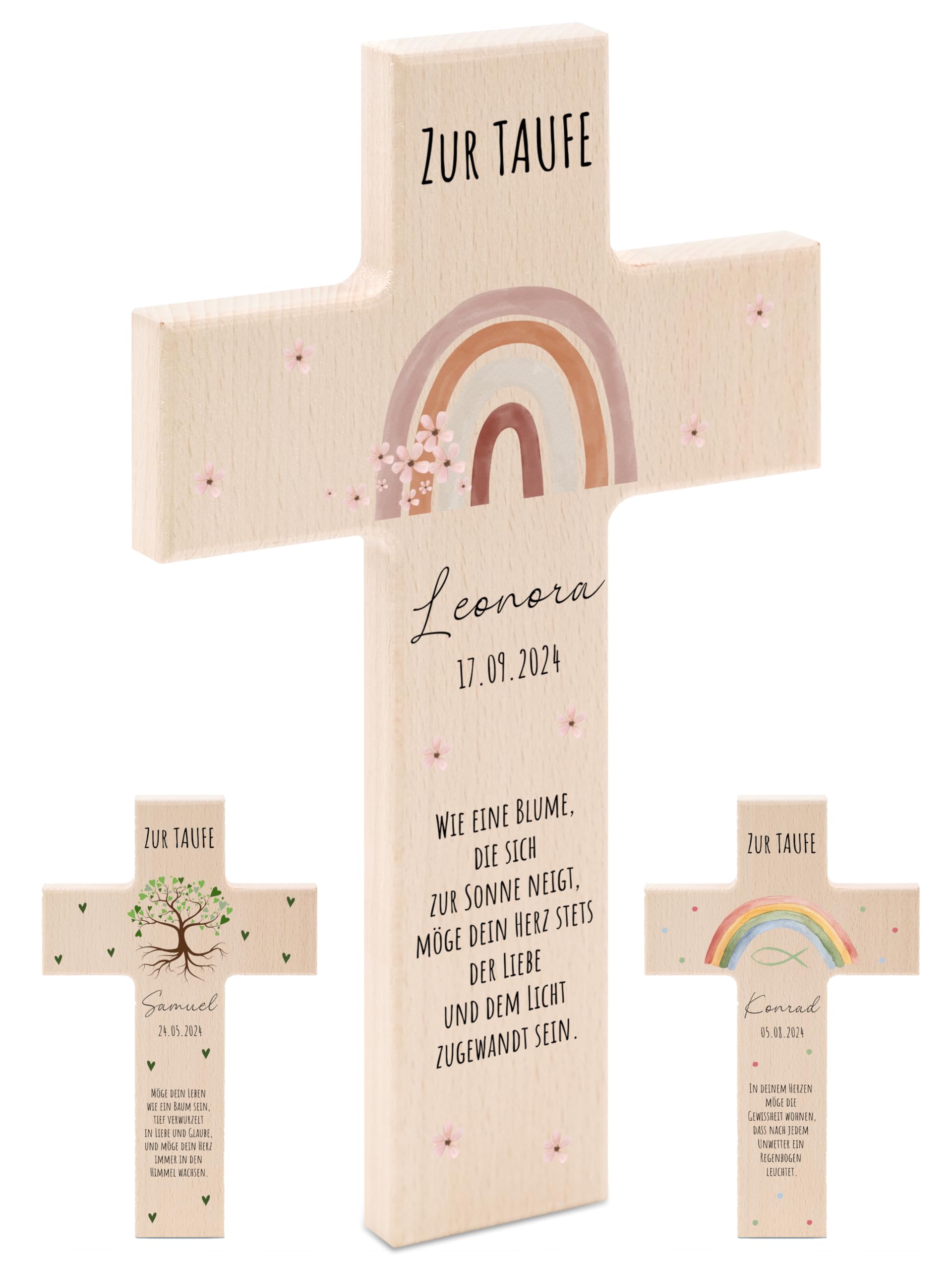Bärenfreunde - Personalisiertes Taufkreuz mit hochwertigem Spezial-Druck aus massivem Buchenholz - Taufe Geschenk - Holzkreuz Taufe (Regenbogen Blumen)