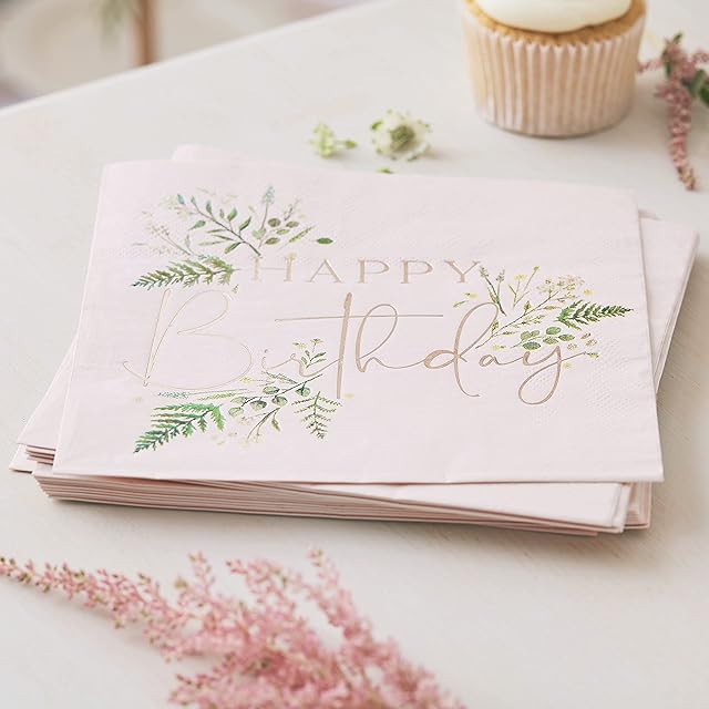 Ginger Ray Rose Gold Foiled Afternoon Tea Happy Birthday Floral Party Napkins 16 Pack