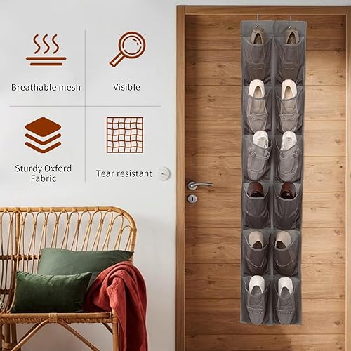 Miniatura 7 de Organizador de zapatos colgante para colgar sobre la puerta, 12 bolsillos grandes, color marrón claro