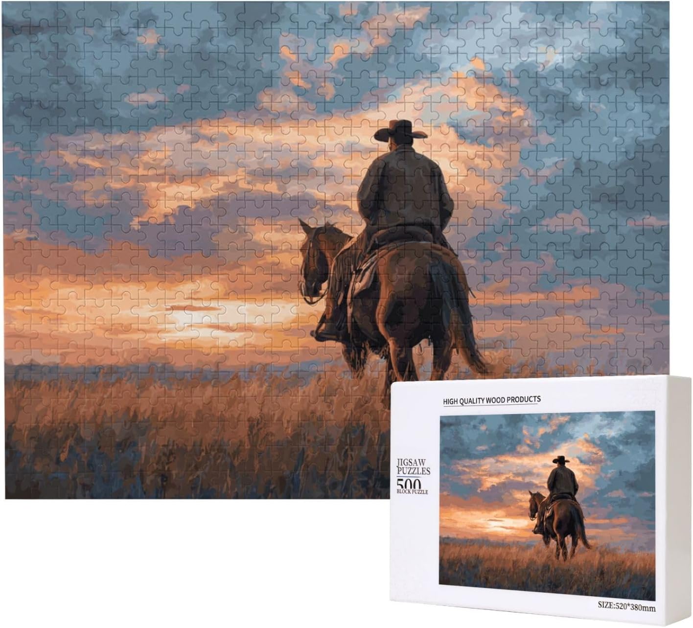 Sunset Prairie Cowboy On Horse Jigsaw Wooden Puzzles for Adults 500 Pieces, Engaging Activity for Western Culture Enthusiasts, for Living Room Family Bonding & Mind Exercise