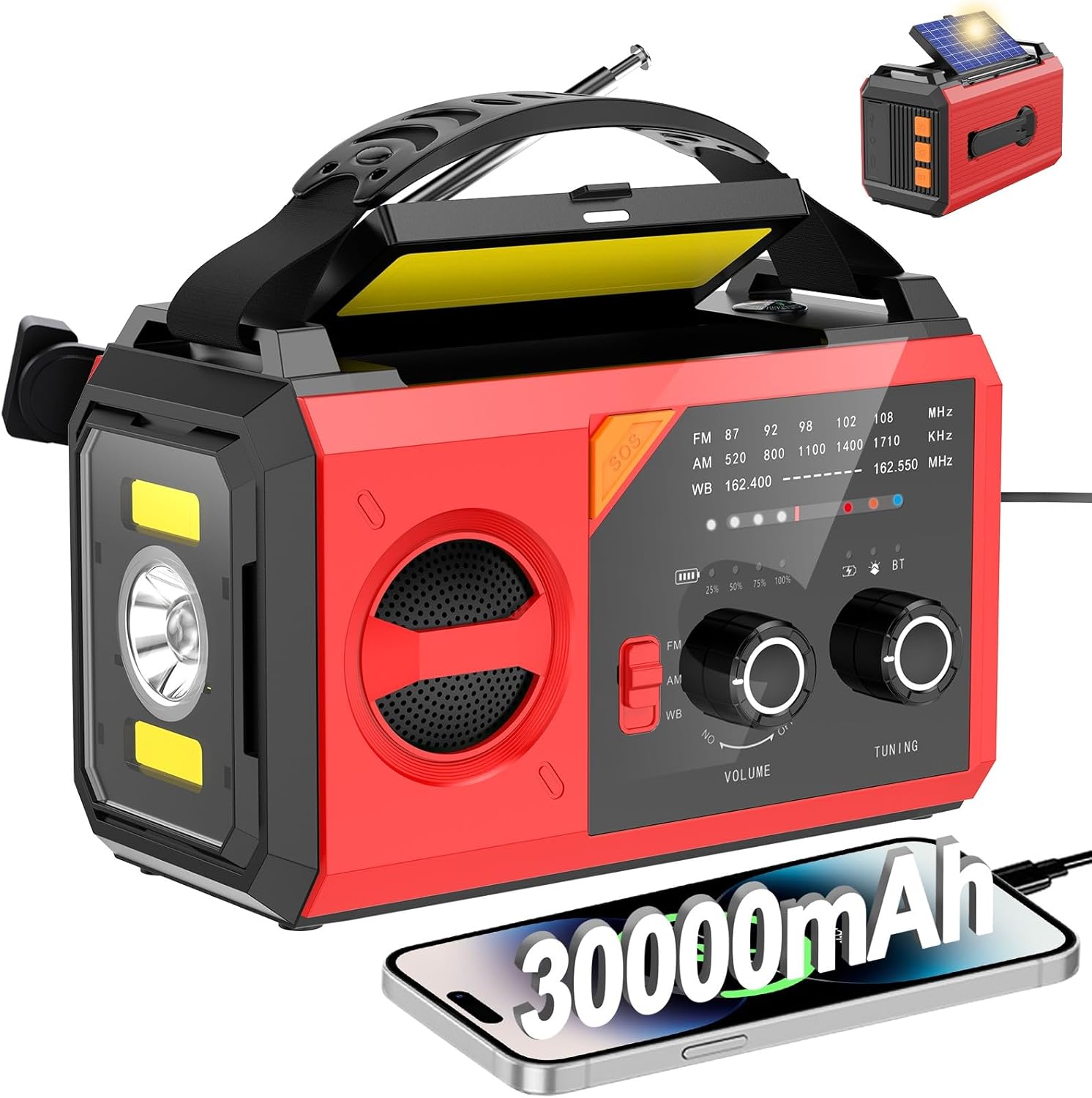 30,000mAh Solar Emergency Radio: Portable AM/FM NOAA, SOS Flashlight & Charger 30,000mAh Solar Emergency Radio: Portable AM/FM NOAA, SOS Flashlight & Charger