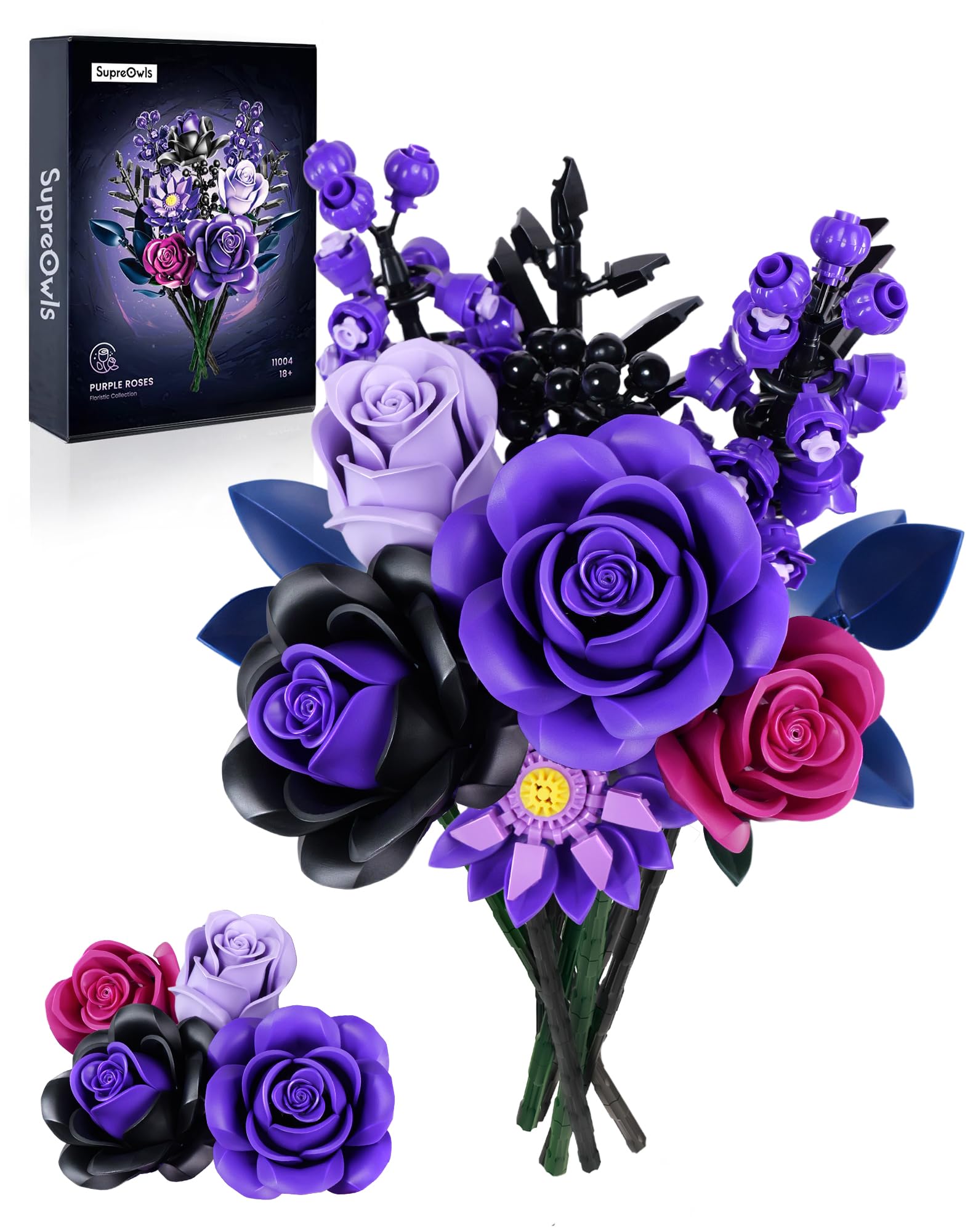 iATOM Purple Rose Bouquet Building Set, Compatible with Lego Flowers for Adults - Halloween Botanical Collection - Gothic Artificial Flowers Home Decor - IA11004
