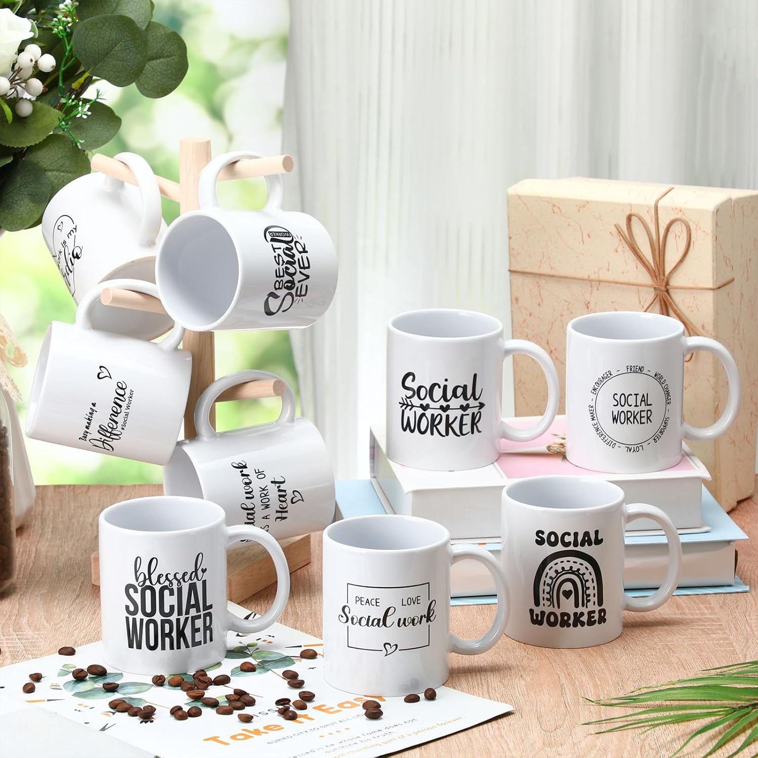 Honeydak 12 Pcs Social Worker Appreciation Gifts for Women Men 11oz Ceramic Mugs Bulk Thank You Gift for Social Worker Cup for Coworker Birthdays School Office Volunteer Nurse Week(Elegant)