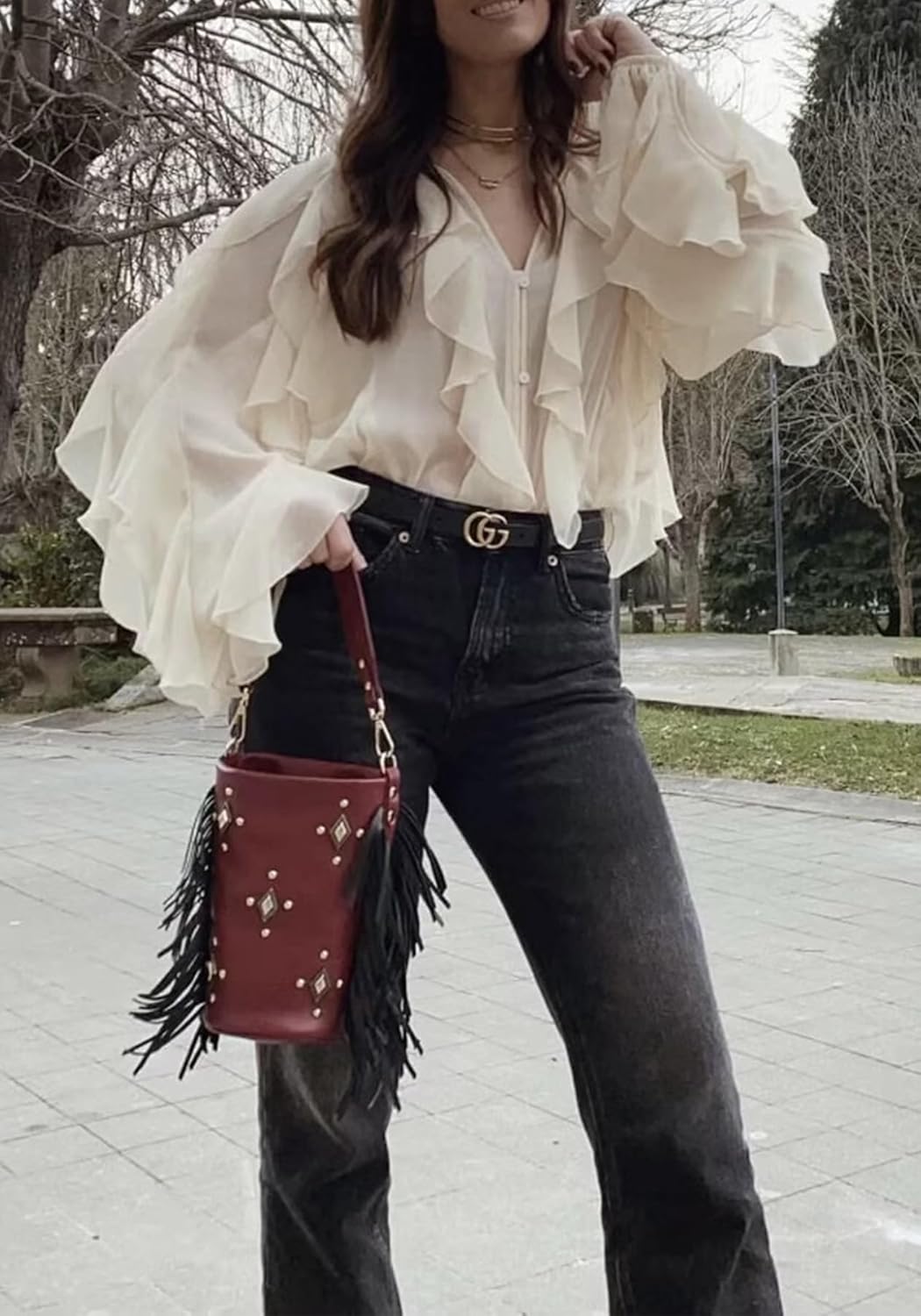 LETSVDO Women's Ruffle Chiffon Tops Puff Sleeve Sheer See Through Button Down V Neck Bubble Loose Casual Blouses Shirts - Image 5