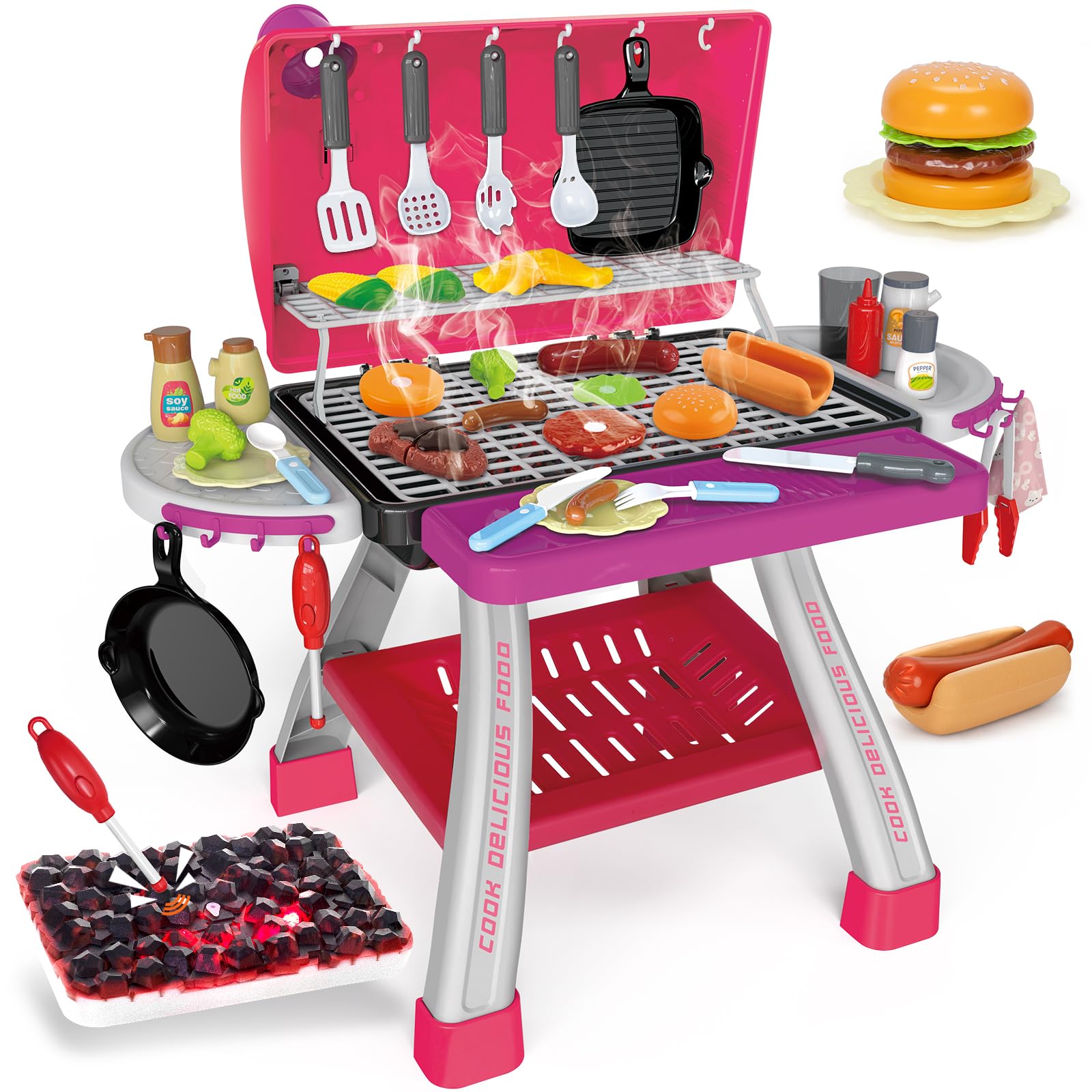 Kids Play Kitchen Toys, Kids BBQ Grill Kitchen Playset with Smoke, Sound  Light, Pink Play Food Toys Cooking Set, 2-Layer Barbecue Outdoor Play Grill
