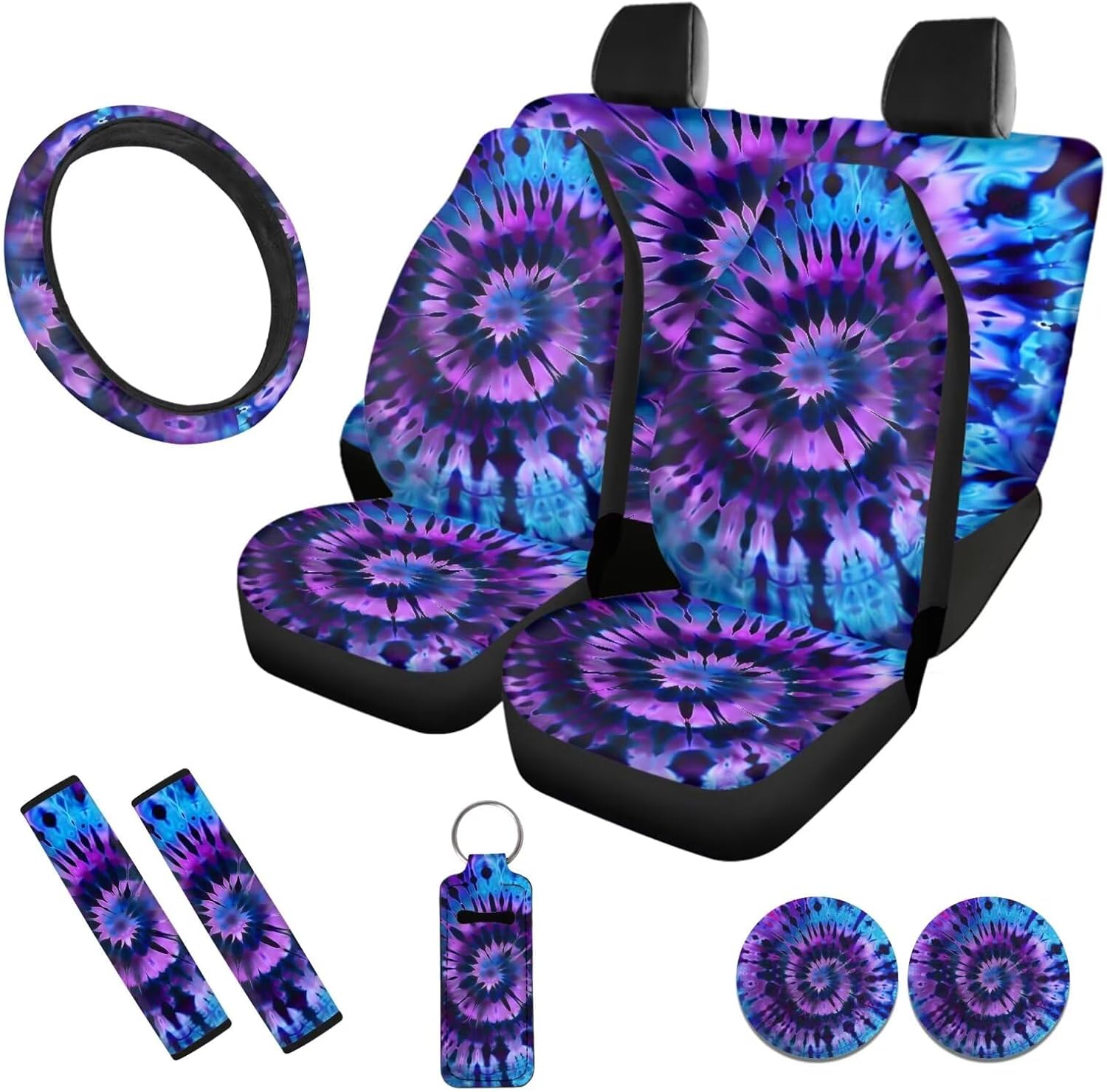 Horeset Purple Spiral Tie Dye Car Seat Covers & Accessories Purple Seat Covers Full Set Auto Steering Wheel Cover+Car Cup Coaster+Seat Belt Cover+Lanyards Key Ring Universal Fit Set
