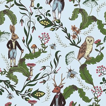 MuralPeel Sky Blue Animals Rabbits Owl Green Leaf Vine Vintage Peel and Stick Wallpaper Self Adhesive Removable Easy Peel Off Contact Paper Stick on Wall Paper for Bedroom Cabinet Renter Friendly