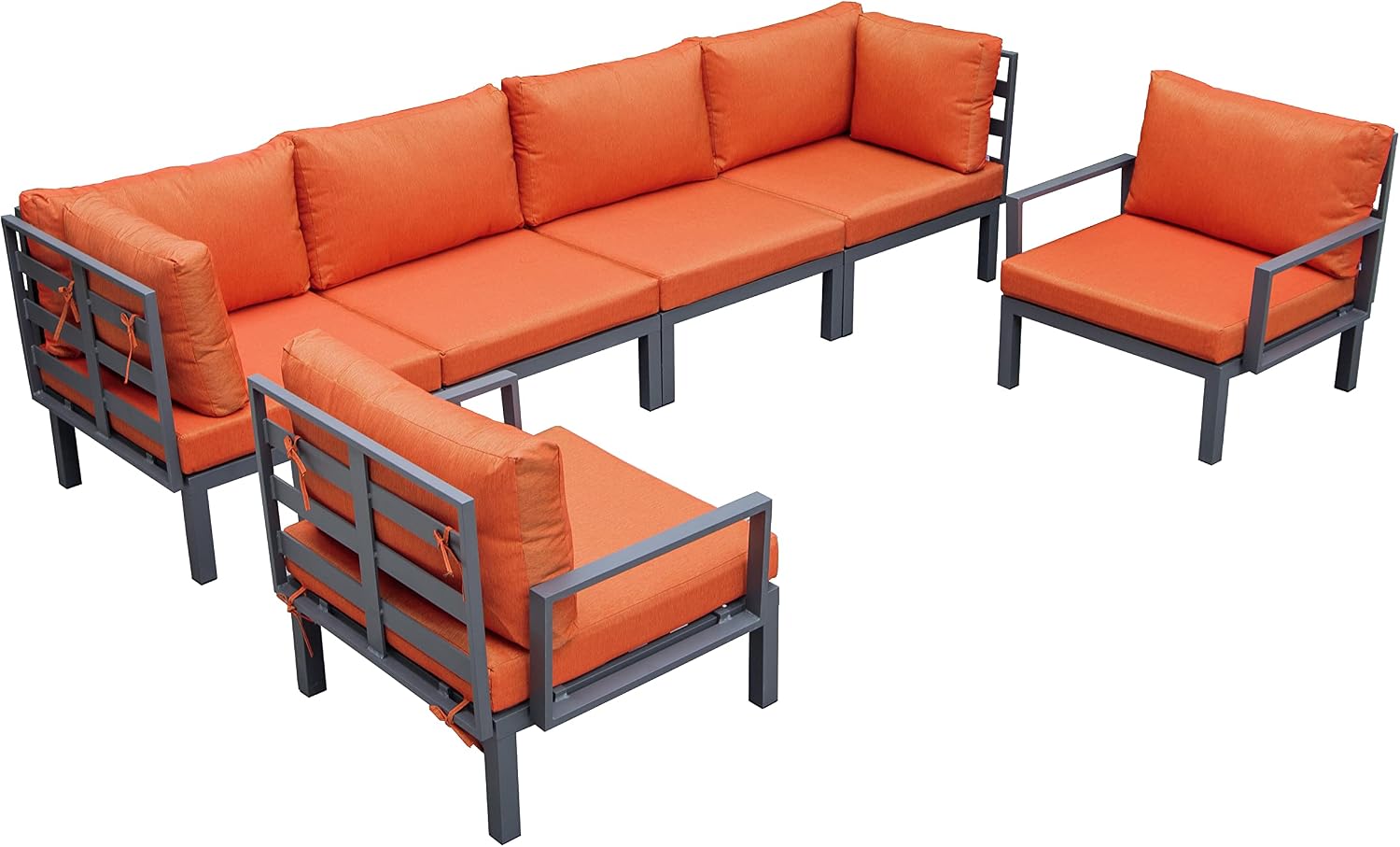 LeisureMod Hamilton Modern 6-Piece Modular Outdoor Sectional Aluminum Patio Conversation Set with Removable Cushions for Patio, Lawn, Garden, Poolside (Orange)