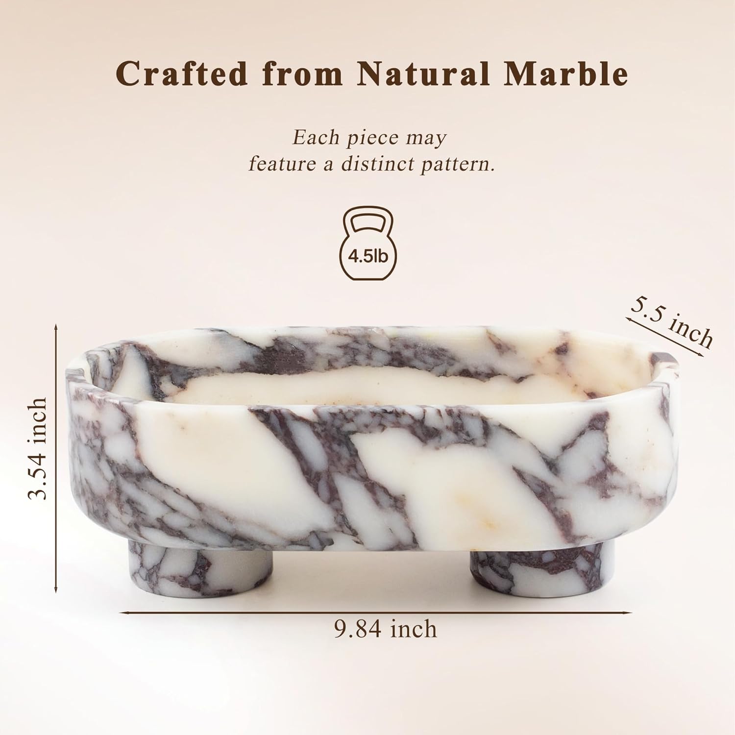 LIN CHUAN Natural Oval Marble Fruit Bowl for Kitchen Counter | Two-Legged Decorative Pedestal Bowl for Dining Table Decor, 10" Luxury Entryway Catchall Purse Bowl - Calacatta Viola