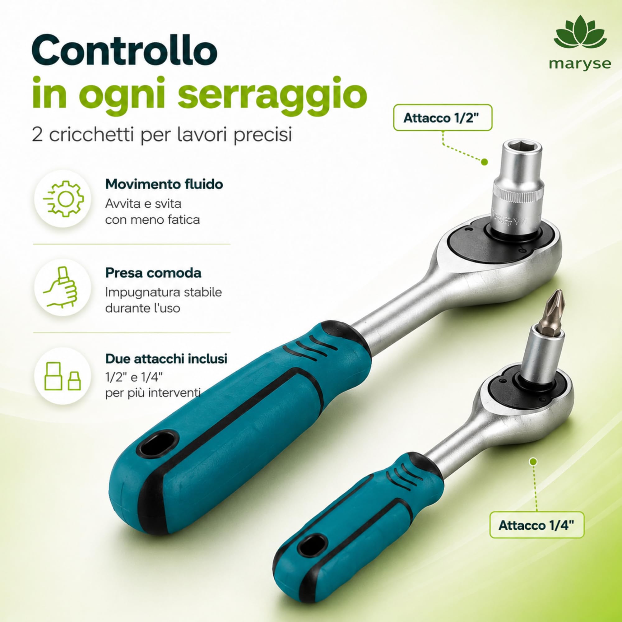 Set Chiavi a Cricchetto PROFESSIONALI 50 Pezzi 1/4" e 1/2" - Kit Cricchetto Reversibile con Chiavi a Bussola Metriche, Inserti, Prolunghe e Snodi Universali - Attrezzi per Auto, Moto, Casa e Officina