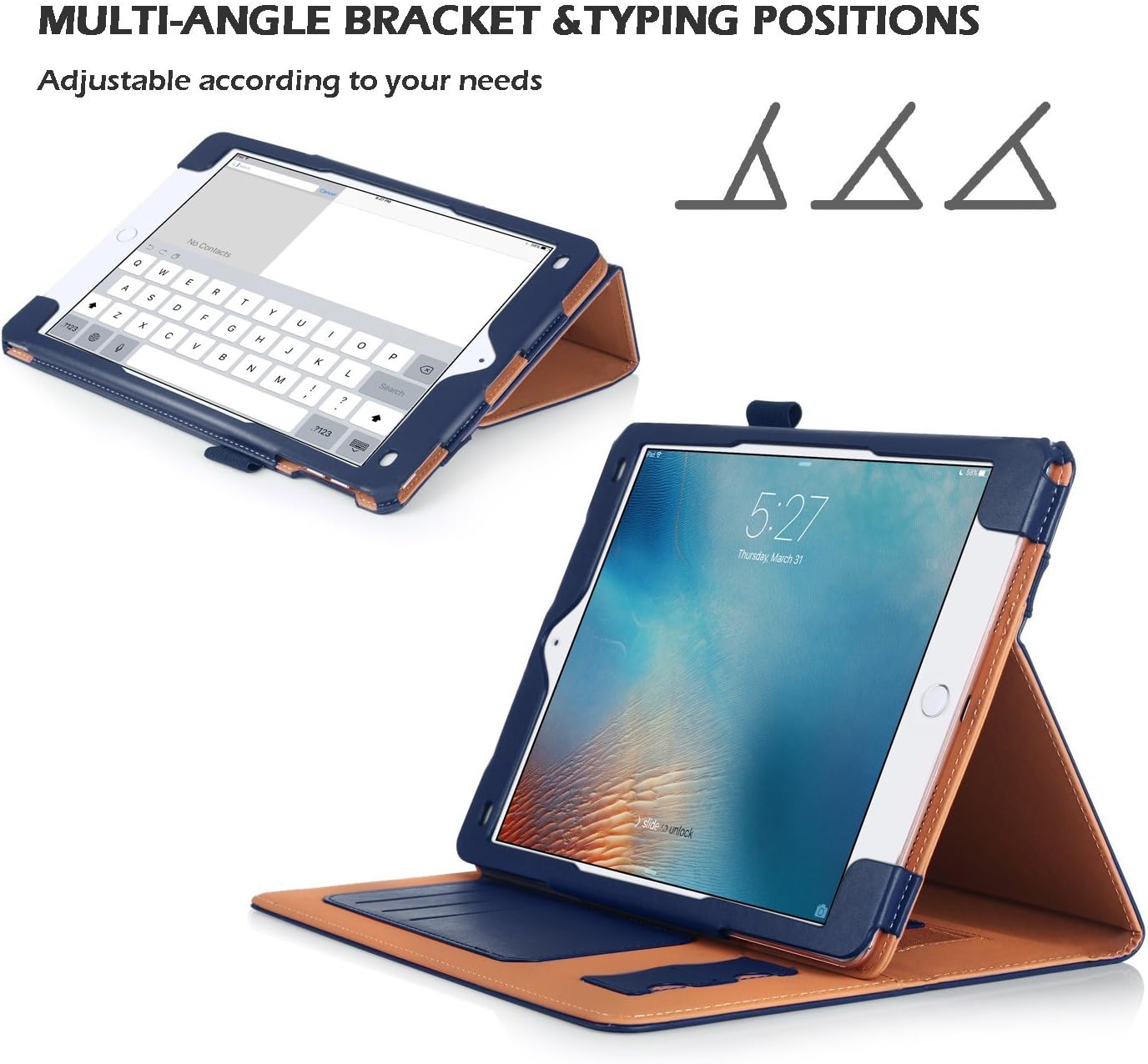 WWW iPad Pro 9.7 Case, [Luxury Laser Flower] Premium PU Leather Case Protective Cover with Auto Wake/Sleep Feature for Apple iPad Pro 9.7-inch Navy Blue