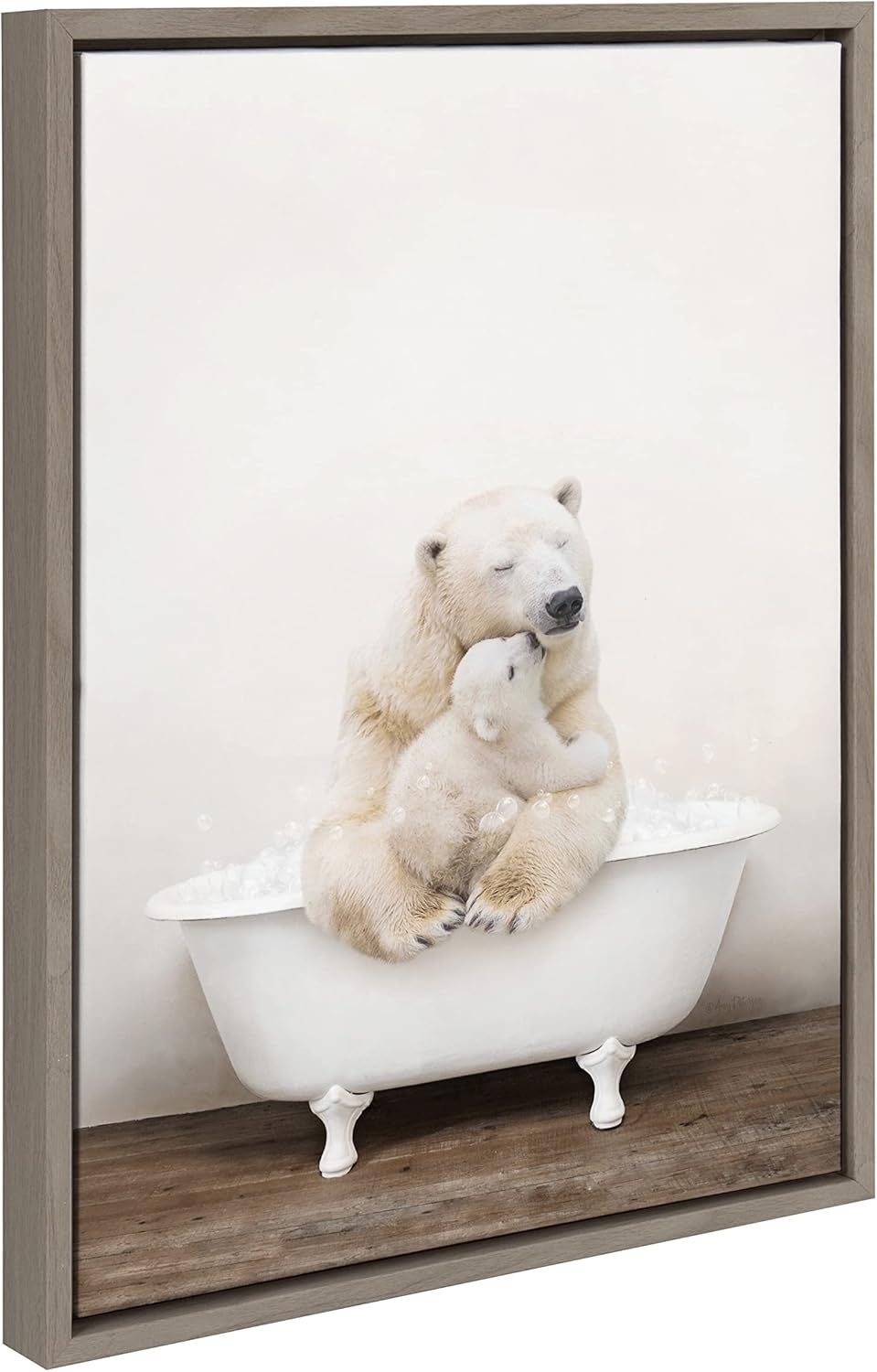 Kate and Laurel Sylvie Mother and Baby Polar Bear in Rustic Bath Framed Canvas Wall Art by Amy Peterson Art Studio, 18x24 Gray, Modern Fun Decorative Bathtub Wall Art for Home Décor