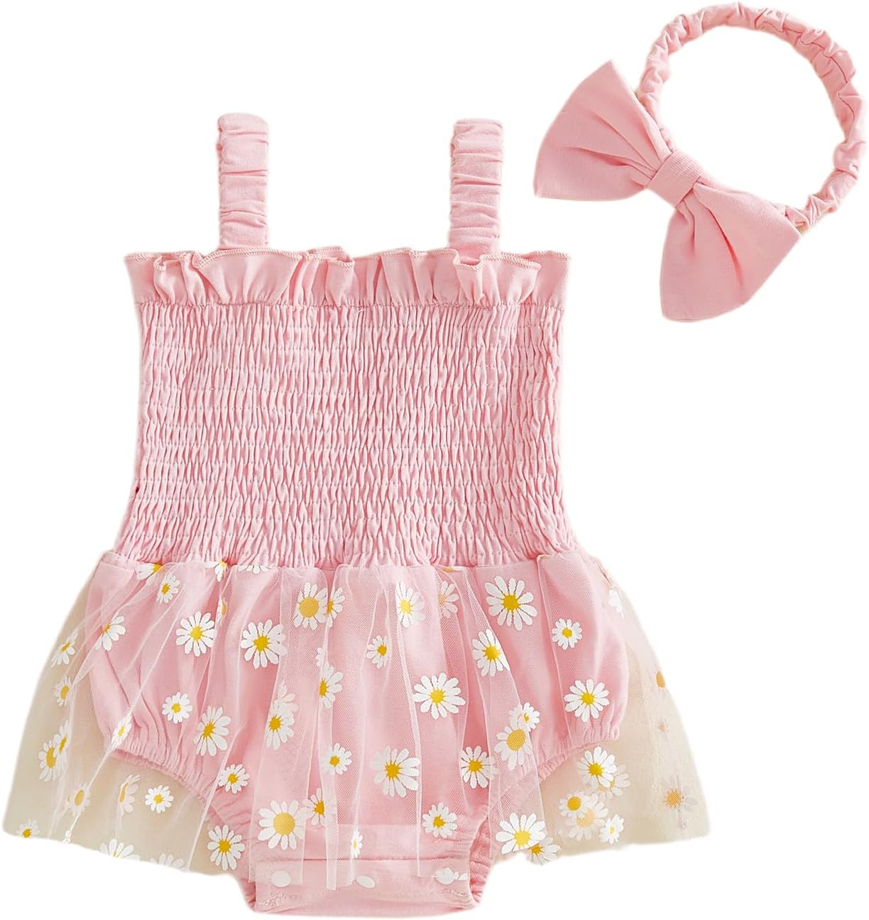 Sasaerucure Newborn Infant Baby Girl Summer Outfit Pink Romper Dress Lace Tutu Skirt Daisy Floral Onesie + Headband