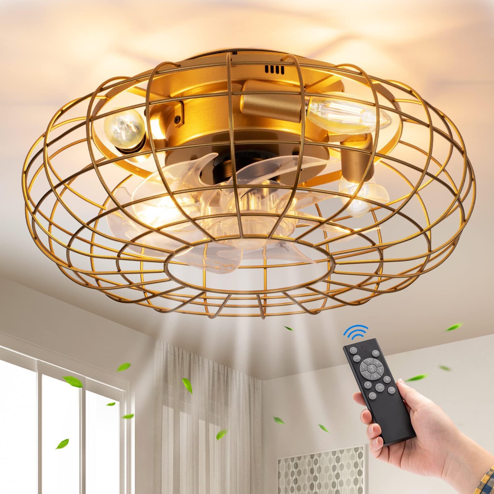 DISHENGZHEN Caged Ceiling Fan Light with Remote Control, 16" Flush Mount Industrial Farmhouse Bladeless Caged Ceiling Fan with Lights, 3 Speed Adjustable for Living Room,Bedroom,Dining Room gold