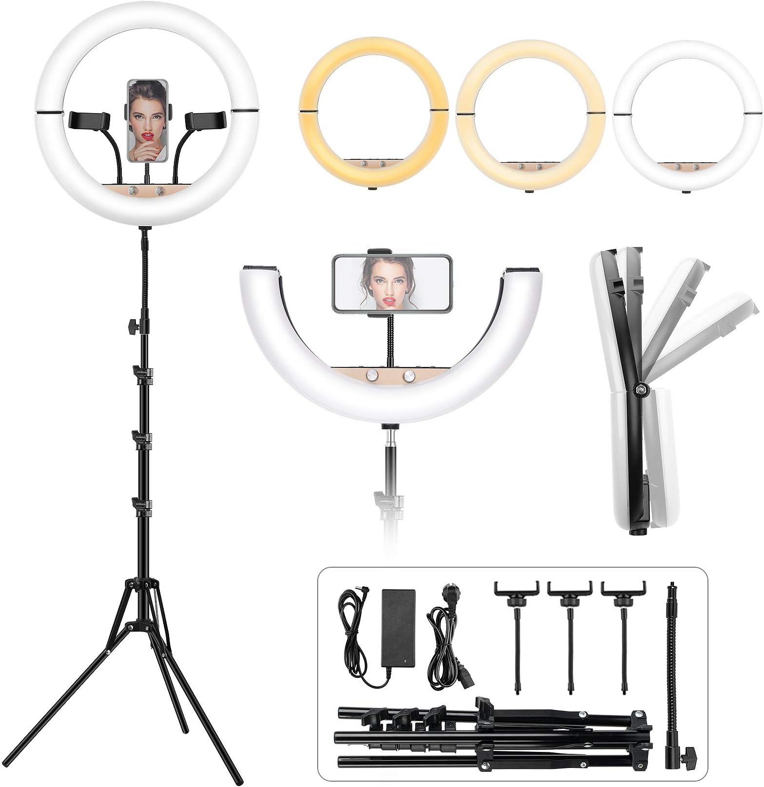 Foldable Ring Light with Stand and Phone Holder, 14 inch Adjustable Circle Light with Extendable Tripod 69", Heighten Hose, Foldaway LED Ring Lights for iPhone Streaming, Video Recording