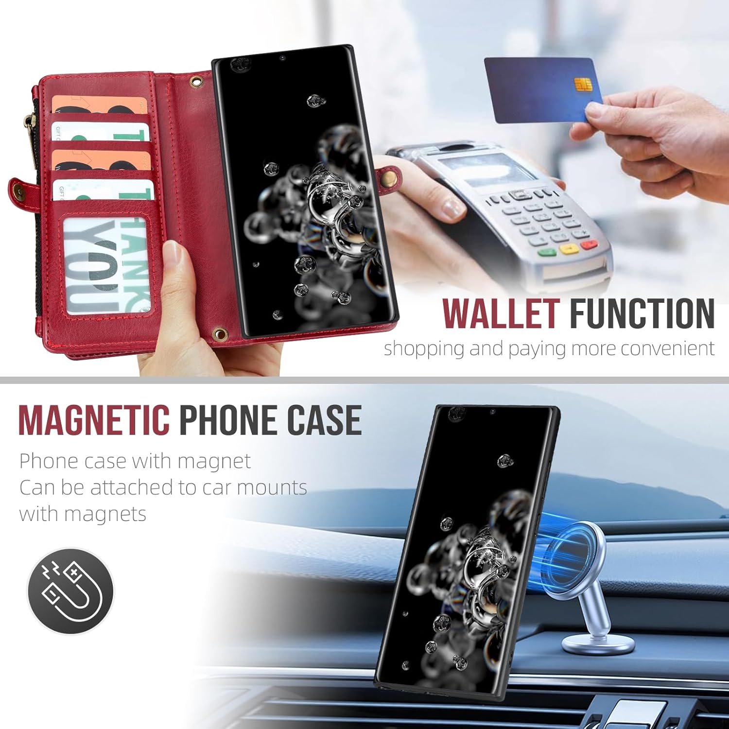 Phone Case for Samsung Galaxy S20 Ultra 5G Wallet Magnetic Detachable Cell Cover with Tempered Glass Screen Protector Strap Flip Zipper Card Holder S20ultra 20S S 20 A20 S2O 20ultra G5 Red