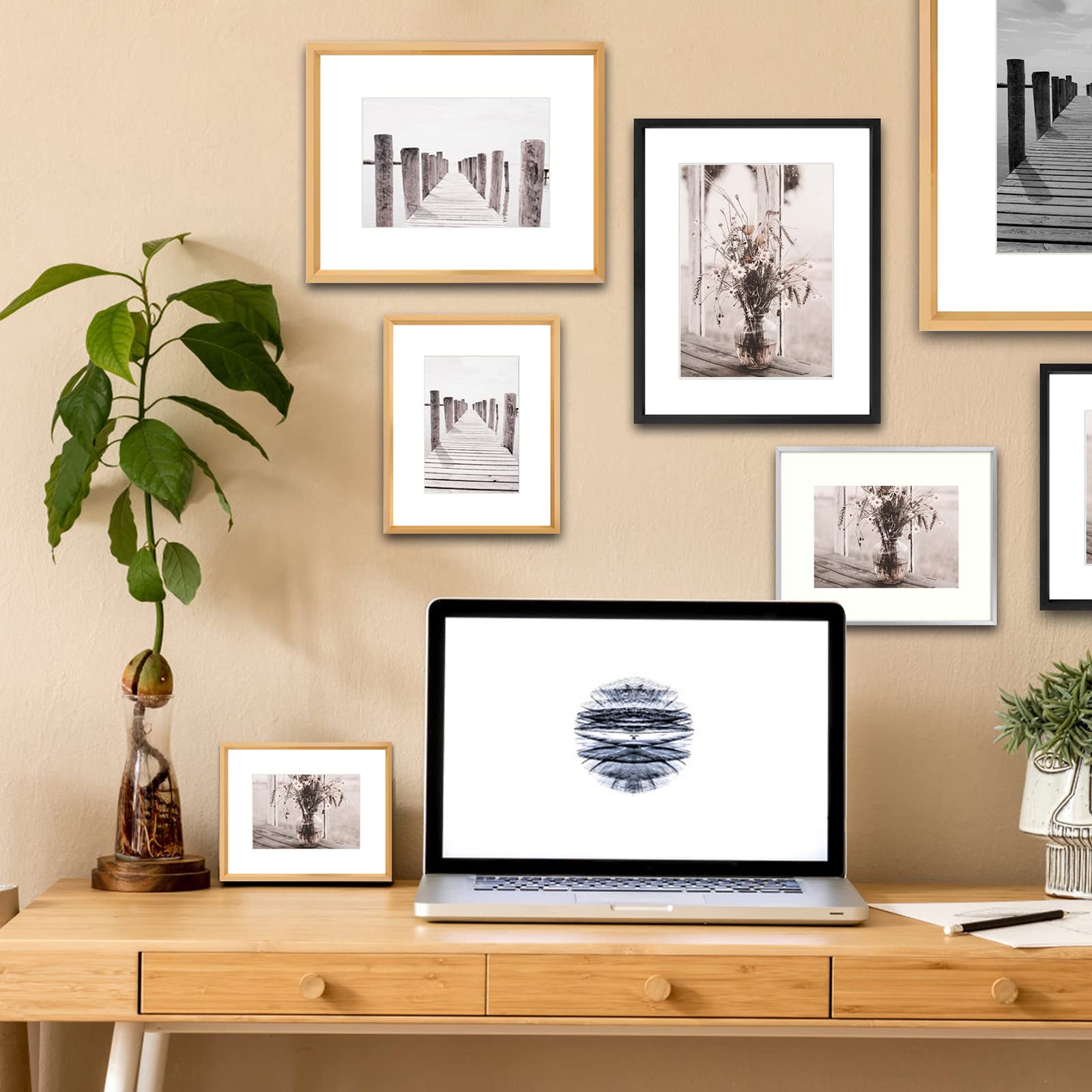 KTKDE 8x10 Aluminum Metal Picture Frames Collection 4 PCS, 5x7 with Mat or 8x10 Without Covered by Plexiglass, for Table Top Display and Wall Mounting, photo frame (Black)