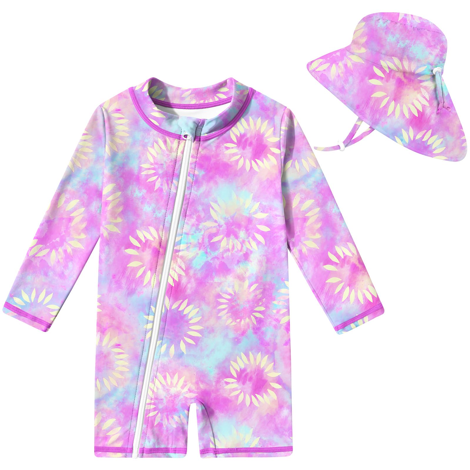 UNIFACO Infant Baby Girl Swimsuit Full Zipper Bathing Suit with Sun Hat UPF 50+ Long Sleeve Rash Guar Swim Suit