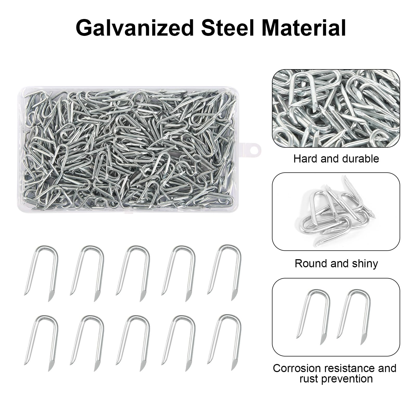 300 sztuk galwanizowanych gwoździ w kształcie litery U w plastikowym pudełku, ogrodzenie druciane, 24 mm, zszywki, ogrodzenie, zszywki, ciężkie elementy mocujące, gwoździe, gwoździe w kształcie litery