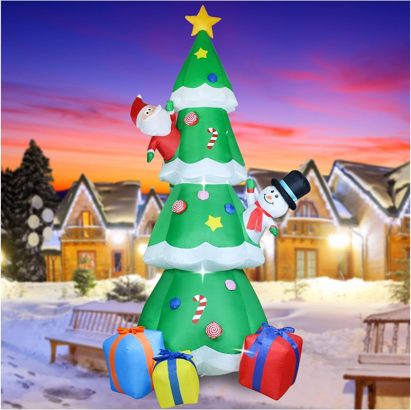 ZXSWONLY Sapin de Noël gonflable vert de 9 pieds avec lumières LED intégrées, décoration de Noël gonflable avec Père Noël et bonhomme de neige pour le jardin de fête de Noël