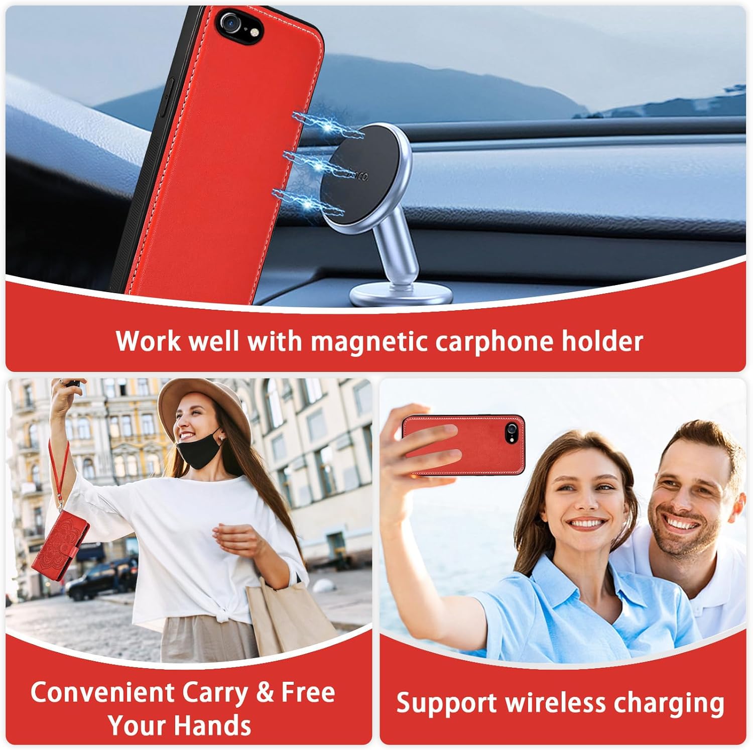 Phone Case for iPhone 7/8/SE 2020/2022 Zipper Wallet Cell Cover with Screen Protector Strap Flower Card Holder iPhone7 iPhone8 7s 8s i SE2020 SE2022 2/2nd/3/3rd Generation SE2 SE3 7SE 8SE Women Red