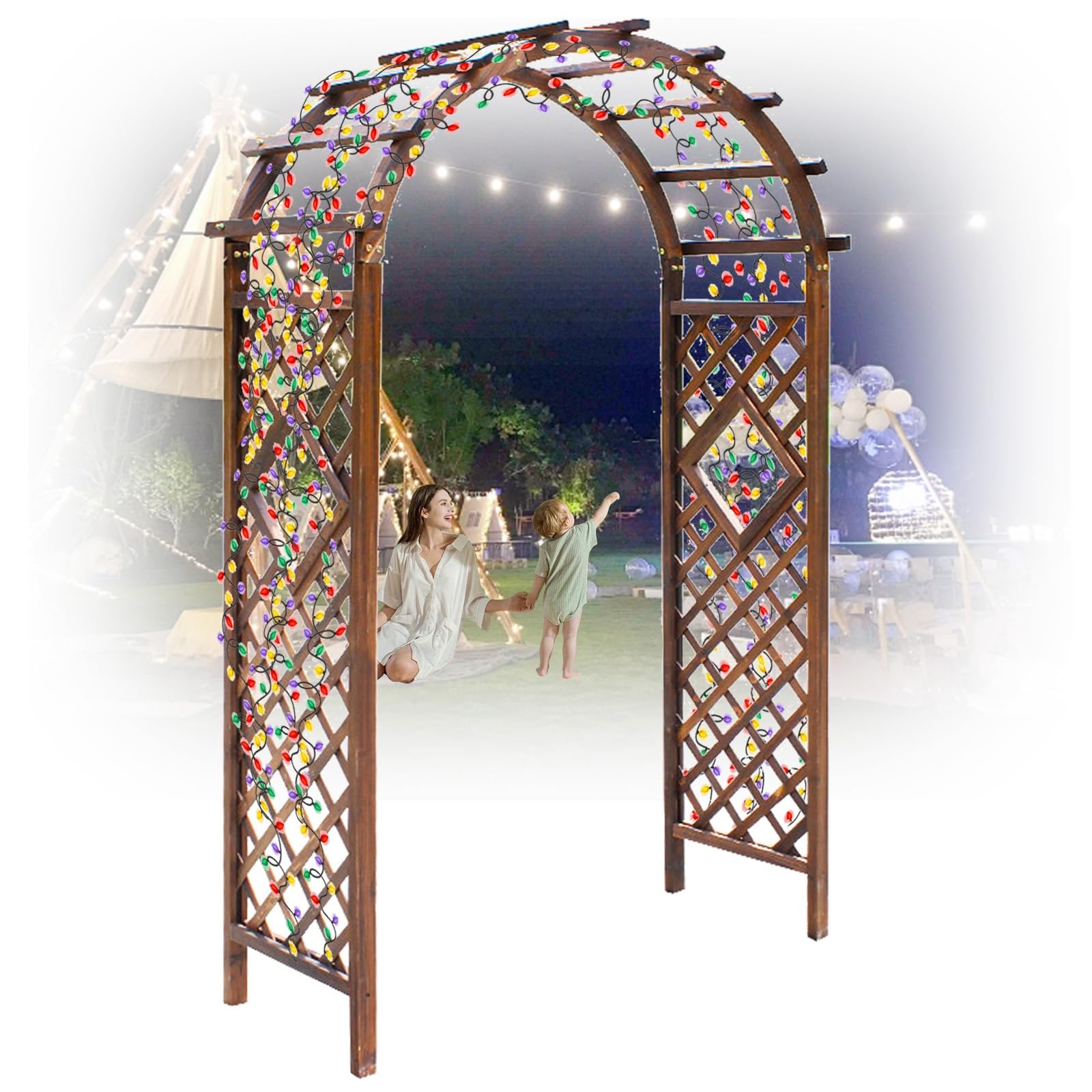 Drewniana pergola do użytku na zewnątrz, łuk ogrodowy, altana, na imprezy, ceremonie, wesela, krata, łuk różany do roślin pnących, drewno jodłowe, odporna na warunki atmosferyczne (szer. x wys.) 119,4