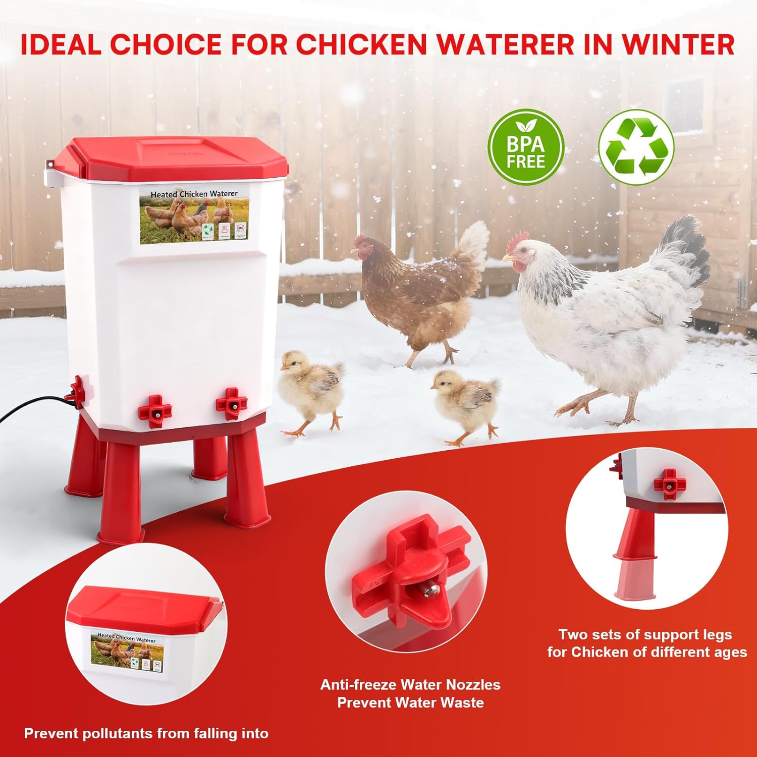 3 Gallon Heated Chicken Waterer for Winter Automatic Chicken Water Heater,Adsjustable Height Anti-Freezing Poultry Watering System with Thermostatic Control,Red,12.5 in x 8.3 inch x 8.3 in
