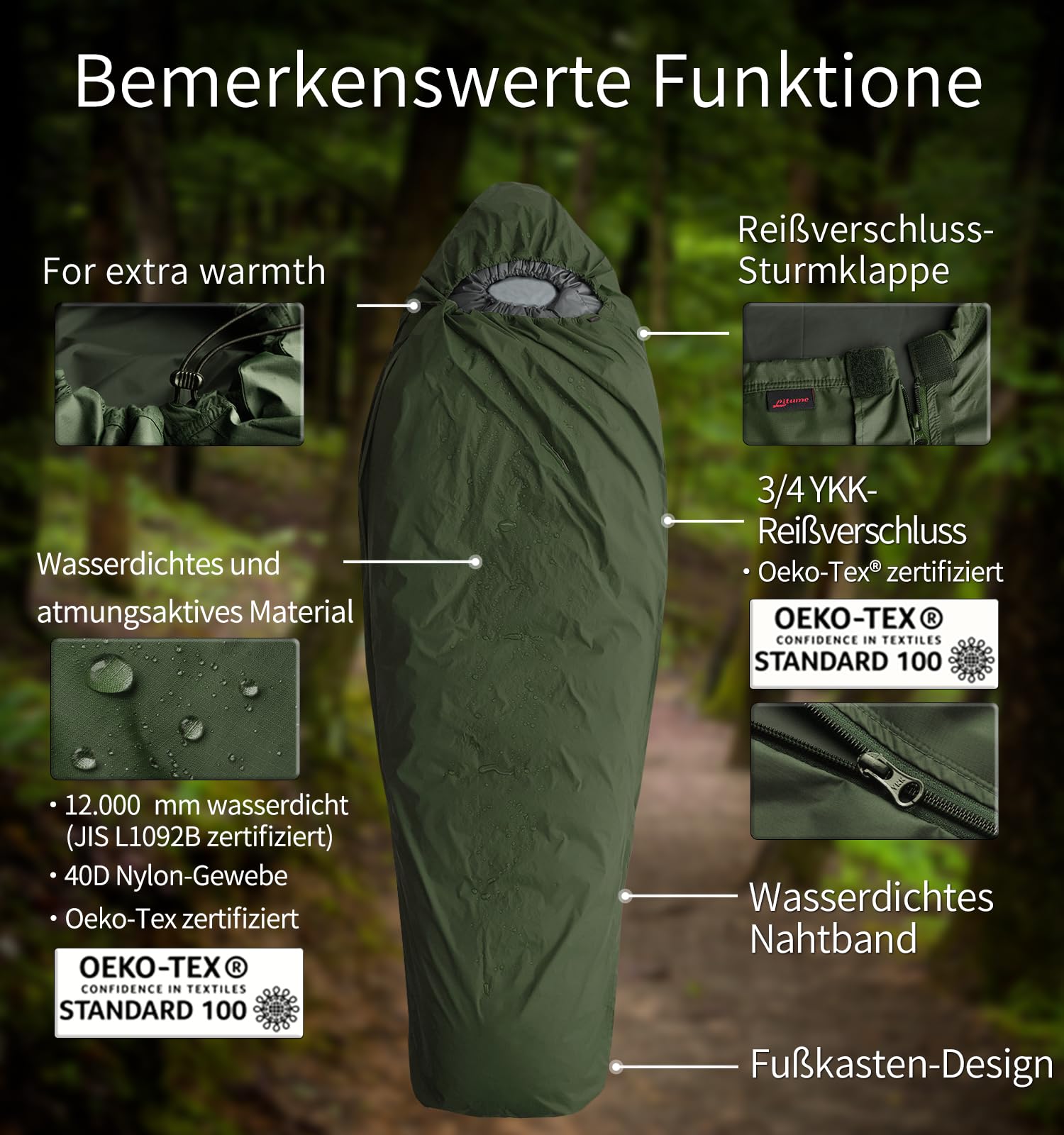 Litume Biwaksack Schlafsack-Überzug – Wasserdichter & Ultraleichter Notfall-Schutz im Mumien-Stil – Kompakt Biwak-Zelt für Trekking, Bushcraft, Rucksacktouristen & Outdoor Survival Ausrüstung