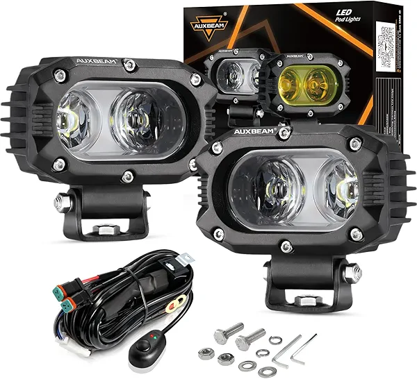 Auxbeam 4 Inch LED Light Pods, 60W Square Offroad Driving Light Super Bright 120° White Broad Flood Beam Pods Light with Off Road Wiring Harness for Wrangler Truck Pickup SUV ATV UTV (2 Pcs)