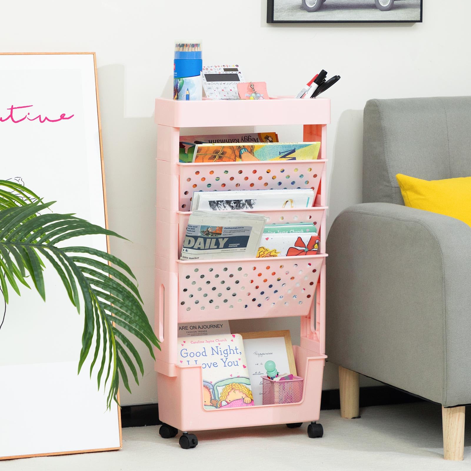 DOEWORKS Petite Bibliothèque roulettes Mobile Livre Chariot de Rangement 5 Niveaux Étagère à Livres Chariot Roulant pour Salon Chambre à Coucher Bureau, Rose
