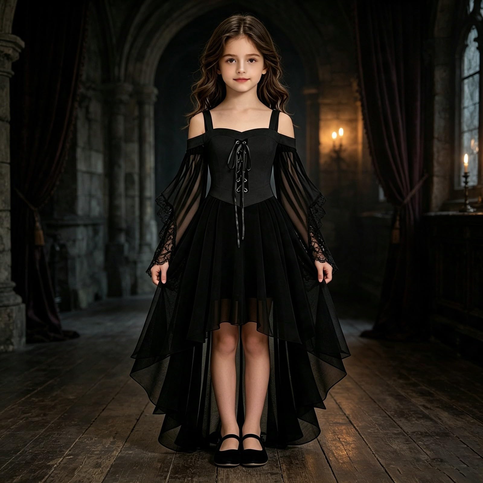 Vokuhila - Vestito medievale per Halloween, per bambine, gotico, cosplay | Vestito da principessa per bambini, a maniche lunghe, con spalle scoperte, in pizzo, stile vittoriano, vampiro, carnevale