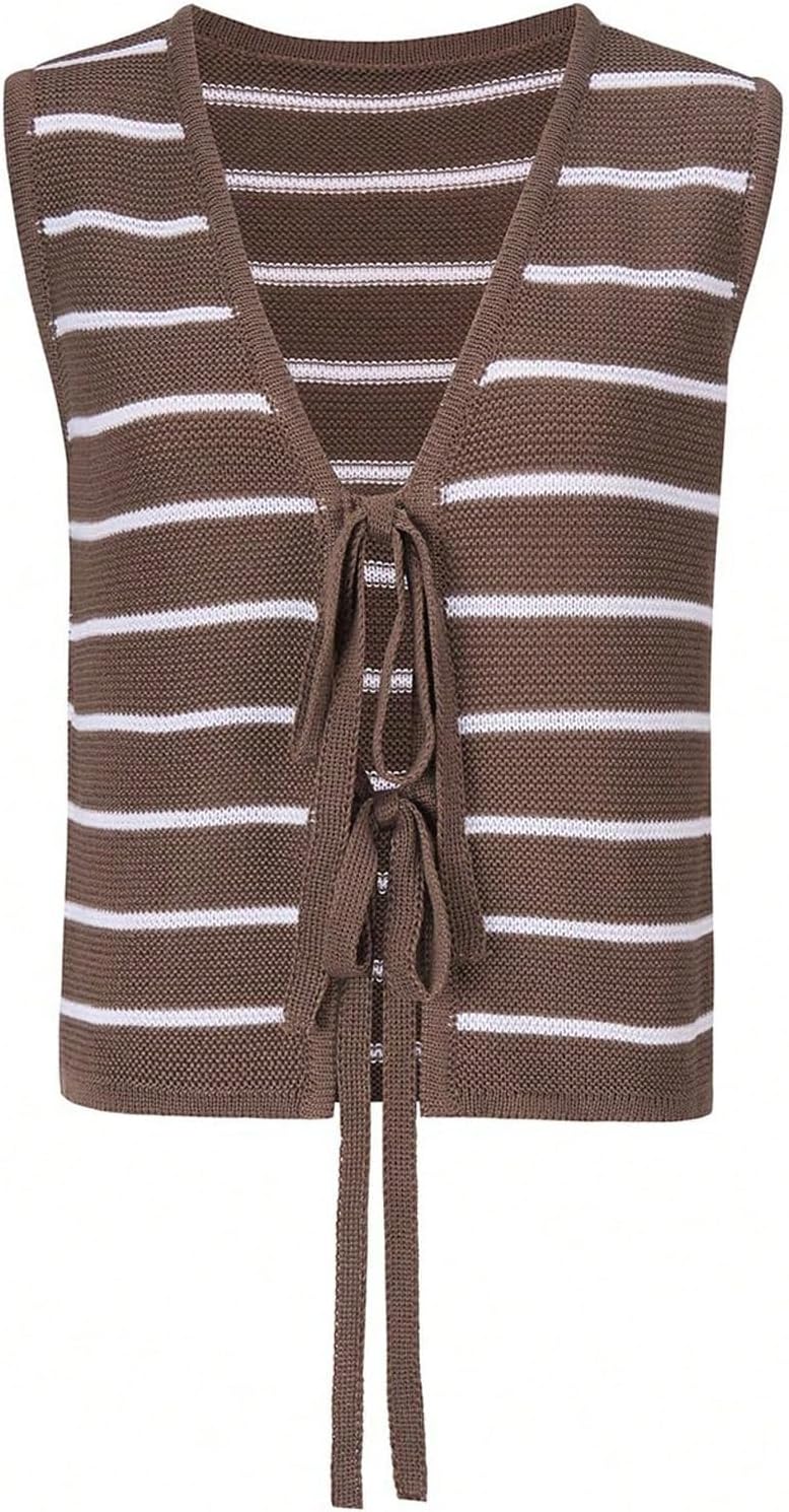 SOLY HUX Women's Sleeveless Striped Sweater Vest V Neck Tie Bow Crochet Knit Tank Tops Casual Loose Cardigan - Image 5
