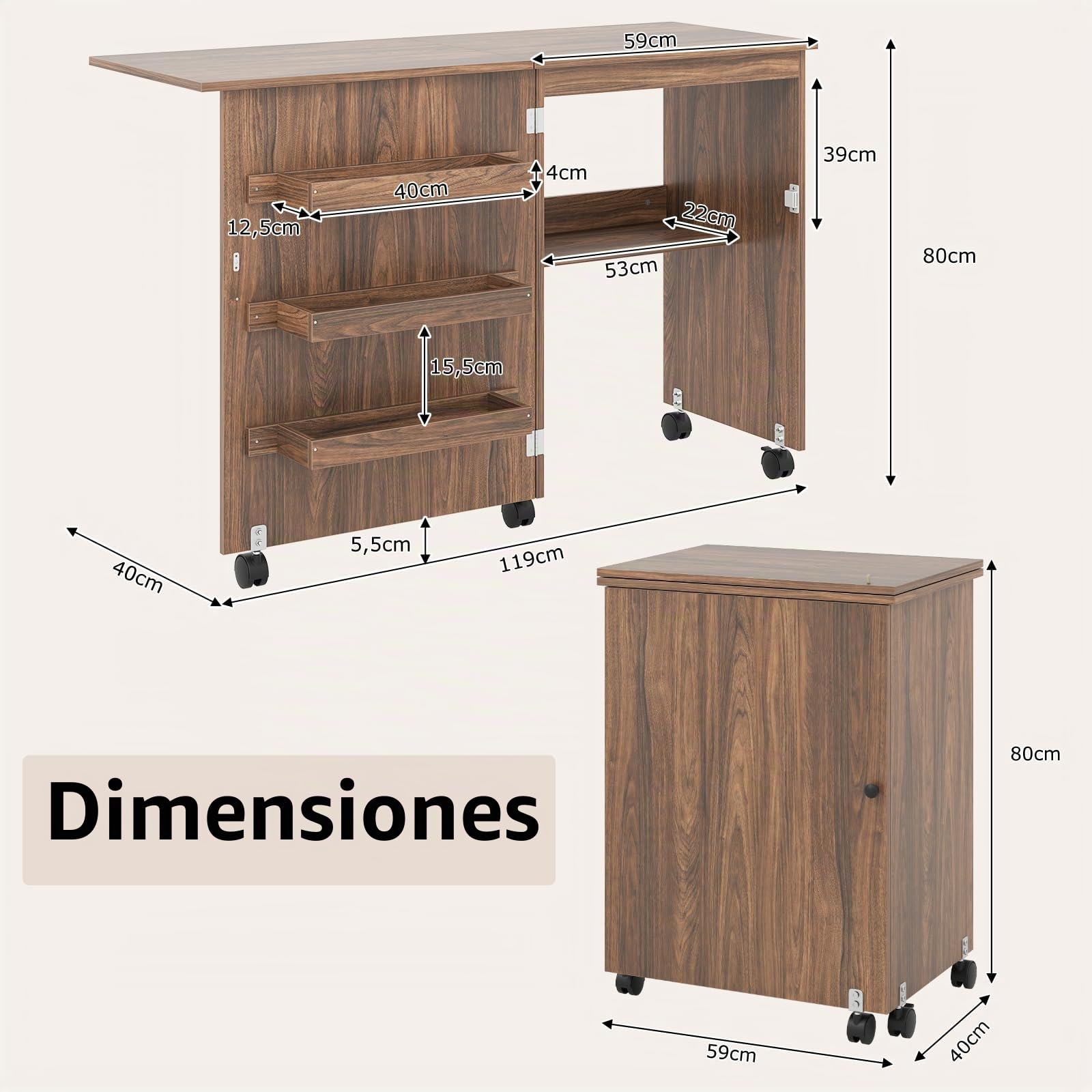 GIANTEX Armario de Costura Plegable con 5 Ruedas, Mesa de Coser con 3 Compartimentos y 1 Estante, Mueble para Máquina de Coser, Mesa Multifuncional para Manualidades, Ordenador (Marrón)